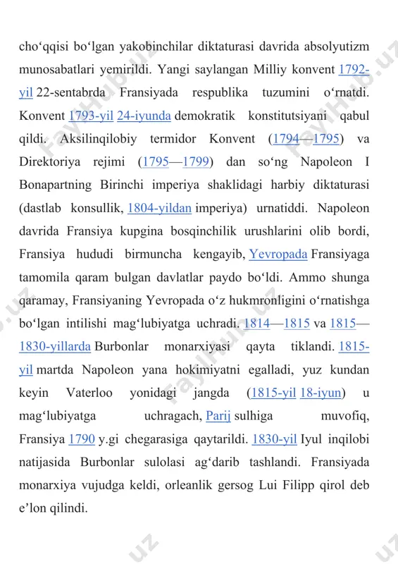 stlabki kunlaridanoq qarshshshk koʻrsatish harakatinm boshlab yubordi. 1940-yil general sh. de goll boshchiligida „ozod fransiya“ harakati (1942-yildan „kurashayotgan fransiya“) tuzildi. bu harakatga fransiyaning afrikadagi mustamlakalari (chad, kamerun, oʻrta kongo, gabon va boshqalar)ning fransuz harbiy qismlari va maʼmurlari ham qoʻshildi. 1941-yil 24-sentabrda de goll fransuz milliy qoʻmitasini tashkil etdi, bu qoʻmita keyinroq muhojirlikdagi fransiya hukumatiningoʻzagi boʻldi. 1943-yil 3-iyunda jazoirda general de goll raqbarligida fransiya milliy ozodlik qoʻmitasi (fmoq) tuzildi. 1944-yil 2-iyunda aqsh, buyuk britaniya va sssr tomonidan tan olingan fmoq fransiya respublikasining muvaqqat hukumatiga aylandi. 1944-yil oxmriga kelib, fransiya hududi fransuz vatanparvarlari va angliya, amerika qoʻshinlari tomonidan ozod etildi. ikkinchi jahon urushida mamlakat iqtisodi katta zarar koʻrdi. uning xalqaro mavqei pasayib, fransiya mustamlakachilik imperiyasining parchalanishi boshlandi. 1946-yil 24-dekabrda demokratik ruxdagi yangi konstitutsiya qabul kilindi. toʻrtinchi respublika davri (1946—1958) boshlandi. 1949-yil shimoliy atlantika shartnomasi tashkiloti (nato)ga aʼzo boʻldi. mamlakat va armiya ichidagi reaksion kuchlar 1958-yil mayda jazoirda respublikaga qarshi isyon koʻtardilar. jazoirdagi …