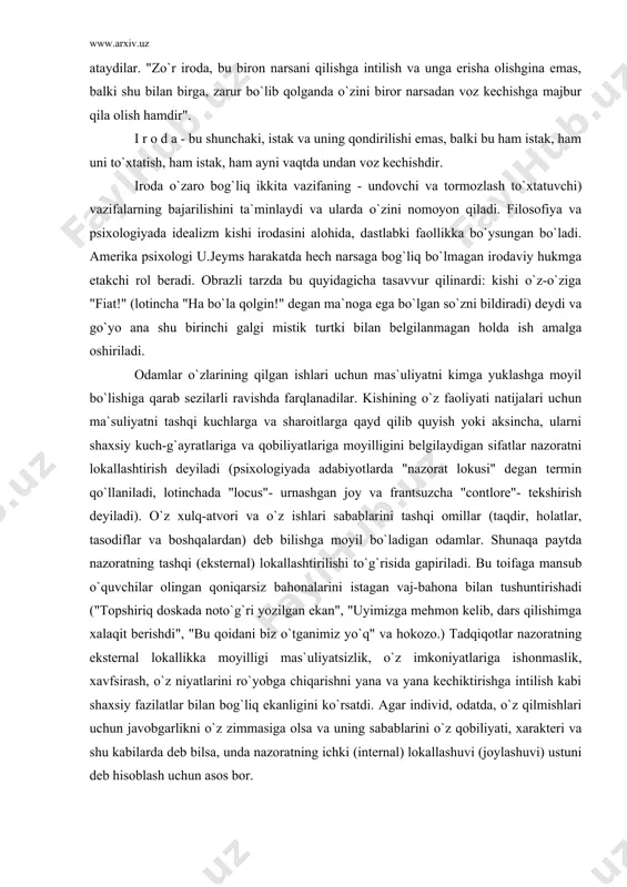 a moyilligini belgilaydigan sifatlar nazoratni lokallashtirish deyiladi (psixologiyada adabiyotlarda "nazorat lokusi" degan termin qo`llaniladi, lotinchada "locus"- urnashgan joy va frantsuzcha "contlore"- tekshirish deyiladi). o`z xulq-atvori va o`z ishlari sabablarini tashqi omillar (taqdir, holatlar, tasodiflar va boshqalardan) deb bilishga moyil bo`ladigan odamlar. shunaqa paytda nazoratning tashqi (eksternal) lokallashtirilishi to`g`risida gapiriladi. bu toifaga mansub o`quvchilar olingan qoniqarsiz bahonalarini istagan vaj-bahona bilan tushuntirishadi ("topshiriq doskada noto`g`ri yozilgan ekan", "uyimizga mehmon kelib, dars qilishimga xalaqit berishdi", "bu qoidani biz o`tganimiz yo`q" va hokozo.) tadqiqotlar nazoratning eksternal lokallikka moyilligi mas`uliyatsizlik, o`z imkoniyatlariga ishonmaslik, xavfsirash, o`z niyatlarini ro`yobga chiqarishni yana va yana kechiktirishga intilish kabi shaxsiy fazilatlar bilan bog`liq ekanligini ko`rsatdi. agar individ, odatda, o`z qilmishlari uchun javobgarlikni o`z zimmasiga olsa va uning sabablarini o`z qobiliyati, xarakteri va shu kabilarda deb bilsa, unda nazoratning ichki (internal) lokallashuvi (joylashuvi) ustuni deb hisoblash uchun asos bor. nazoratning ichki lokallashtirilishi xos bo`lgan o`quvchi "ikki" olganda buni topshiriq yoxud unga …