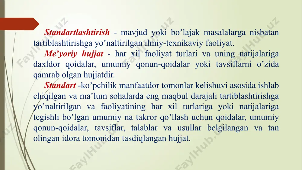 irish sohasi - oʼzaro bogʼlangan standartlashtirish obʼektlari majmuidir. xavfsizlik - zarar yetkazishi mumkin boʼlgan nojoʼya xavf-xatarning yoʼqligidir. atrof-muhitni muhofaza qilish - atrof-muhitni mahsulotlar, jarayonlar va xizmatlarning noqulay taʼsiridan himoya qilish demakdir. mahsulotni himoya qilish - mahsulotdan foydalanish, transportda tashish va saqlash vaqtida uni iqlim yoki boshqa noqulay sharoitlar taʼsir qilishidan saqlashdir. moslashuvchanlik - mahsulotlar, jarayonlar yoki xizmatlarning oʼzaro nomaqbul taʼsir koʼrsatmaydigan tarzda birgalikda, topshiriqdagi sharoitlarda belgilangan talablarni bajarish uchun foydalanishga yaroqliligi demakdir. oʼzaro almashinuvchanlik - bir xil talablarni bajarish maqsadida bir xil buyum, jarayon, xizmatdan foydalanish oʼrniga boshqa bir xil buyum, jarayon, xizmatning yaroqliligidir. bir turdagi mahsulotlar turkumi deb mahsulotning funktsional yoʼnaltirilganligi, qoʼllanish sohasi, konstruktiv-texnologik yechimi va asosiy sifat koʼrsatkichlarining nomlarini bildiradigan eng katta darajadagi yigʼindisiga aytiladi. xalqaro standartlashtirnsh - barcha mamlakatlarning tegishli idoralari erkin holda ishtirok etishi mumkin boʼlgan standartlashtirishdir. mintaqaviy standartlashtirish - ishtirok etishi dunyodagi faqat bitta geografik yoki iqtisodiy regionga qarashli mamlakatning tegishli idoralari uchungina ochiq boʼlgan …