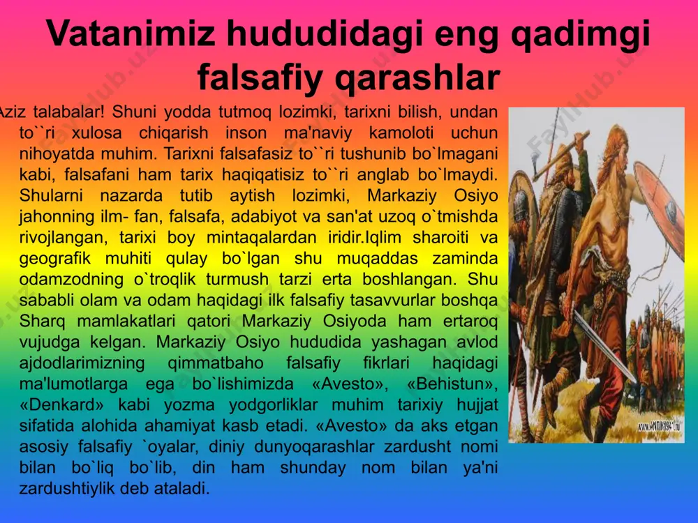 va bobil madaniyati. eramizdan avvalgi to`rtinchi ming yillikning oxiri va uchinchi ming yillik boshlarida qadimgi misr va bobil hududida dastlabki afsonaviy diniy va falsafiy fikrlar, olam haqidagi fanlar kurtaklari, ya'ni matеmatika, astronomiya, kosmologiya, mifologiyaga oid qarashlar bir muncha rivoj topgan. fan kurtaklarining paydo bo`lishi, tabiiy- ilmiy, diniy va falsafiy fikrlarning yuzaga kеlishi, ikki yo`nalishda borgan. qadimgi misrda falsafiy fikr kurtaklarining shakllanishi va rivojida tabiatshunoslik fanlarning paydo bo`lishi ham sabab bo`lgan. osmondagi yulduzlarni doim kuzatish natijasida sayyorlarni yulduzlardan ajrata bilganlar va yulduzlar xaritasini ham tuzganlar. misrliklar falakiyotga oid bilimlari asosida alohida taqvim tuzganlar. taqvim yili 12 oyga bo`lingan. har bir oy 30 kundan iborat bo`lgan, yil oxiriga esa yana 5 ta bayram kuni qo`shilgan. shunday qilib bir yil 365 kun bo`lgan. 8 hind falsafasi asoslari «upanishadalar» nomi bilan mashhur bo`lgan manbaalarda ham o`z aksini topgan. «upanishadalar» sirli bilim dеgan ma'noni anglatib, «vеda»larning falsafiy qismini tashkil etadi. «upanishadalar» yaxlit kitob yoki falsafiy …