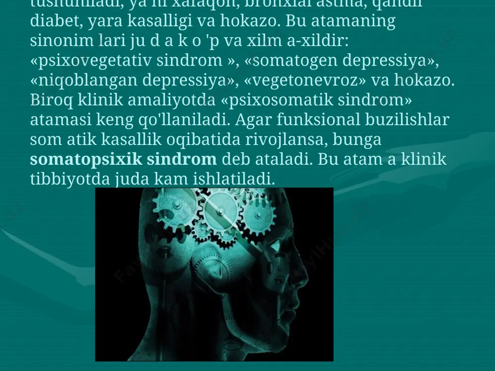 alar h ar qanday psixogen giperesteziyalar tananing turli jo y larid a nevralgiya yoki mialgiyaga o ‘xshash og'riqlar beradi. ayniqsa, yuz sohasida kuzatiladigan og'riqlar bemorlarni juda qiynab qo'yadi. bu og'riqlar kuchi turli darajada, oddiy achishishdan tortib kuchli sanchuvchi og'riqlargacha rivojlangan bo'ladi. og'riq ikkala chakka, peshona, iyak sohalarida kuzatilishi mumkin. agar og'riqlar tish va milklar sohasida kuzatilsa, gap psixogen stomatolgiyalar, tilda kuzatilsa glossalgiyalar haqida boradi. ruhiy zo'riqishlar kuchaygan yoki tezlashgan sayin og'riqlar ham kuchayib boradi. psixogen nevralgiyalar ichida qov u rg 'alararo og'riqlar alohida e ’tiborni talab qiladi. ayniqsa, yurak sohasida joylashgan og'riqlar bemorlarni o 'ta bezovta qiladi. yosh ukasi avtomobil halokati sabab hayotdan ko'z yumgan bemorning yurak sohasida sanchuvchi og'riq paydo bo'ladi. bem or kardiologga m urojaat qiladi. u bemorni yaxshilab tekshirib, kardiogramma qilib, yuragi sog'lom ekani, qattiq siqilganidan shu og'riq paydo bo'lgani, tinchlantiruvehi dorilar ichish lozimligini va nevropatologga m urojaat qilishni tavsiya qiladi. nevropatolog ham bem orni o b …