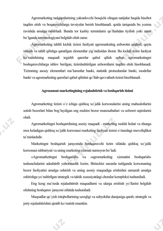 hni qo`llab-quvvatlash tizimi hisoblanadi. agrosanoat marketingining rejalashtirish va boshqarish tizimi agromarketing tizimi o`z ichiga qishloq xo`jalik korxonalarini uning mahsulotlarini sotish bozorlari bilan bog`laydigan eng muhim bozor munosabatlari va axborot oqimlarini oladi. agromarketingni boshqarishning asosiy maqsadi - marketing muhiti holati va shunga mos keladigan qishloq xo`jalik korxonasi marketing faoliyati tizimi o`rtasidagi muvofiqlikni ta’minlashdir. marketingni boshqarish jarayonida boshqaruvchi tizim sifatida qishloq xo`jalik korxonasi rahbariyati va uning marketing xizmati namoyon bo`ladi. «agromarketingni boshqarish» va «agromarketing xizmatini boshqarish» tushunchalarini adashtirib yubormaslik lozim. birinchisi nazarda tutilganda korxonaning bozor faoliyatini amalga oshirish va uning asosiy maqsadiga erishishni samarali amalga oshirishga yo`naltirilgan strategik va taktik xususiyatdagi choralar kompleksi tushuniladi. eng keng ma’noda rejalashtirish maqsadlarni va ularga erishish yo`llarini belgilab olishning boshqaruv jarayoni sifatida tushuniladi. maqsadlar qo`yish istiqbollarining uzoqligi va subyektlar darajasiga qarab, strategik va joriy rejalashtirishni ajratib ko`rsatish mumkin. strategik rejalashtirish, qoida tariqasida, qishloq xo`jalik korxonasining ustvor yo`nalishi hisoblanadi. u boshqaruvchilarga boshqaruv faoliyatining to`rtta asosiy yo`nalishi bo`yicha …