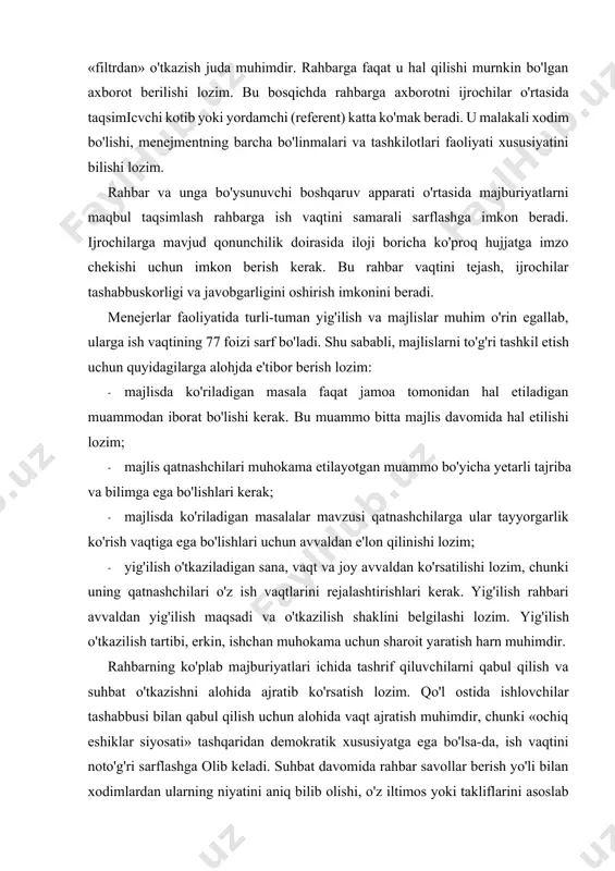 kama uchun sharoit yaratish harn muhimdir. rahbarning ko'plab majburiyatlari ichida tashrif qiluvchilarni qabul qilish va suhbat o'tkazishni alohida ajratib ko'rsatish lozim. qo'l ostida ishlovchilar tashabbusi bilan qabul qilish uchun alohida vaqt ajratish muhimdir, chunki «ochiq eshiklar siyosati» tashqaridan demokratik xususiyatga ega bo'lsa-da, ish vaqtini noto'g'ri sarflashga olib keladi. suhbat davomida rahbar savollar berish yo'li bilan xodimlardan ularning niyatini aniq bilib olishi, o'z iltimos yoki takliflarini asoslab berishiga intilishi kerak. agar suhbat rahbar tashabbusi bilan amalga oshadigan bo'lsa, xodim suhbat vaqti va maqsadi haqida ma'lumotga ega bo'lishi kerak. bu xodimga masala mazmuni bo'yicha tayyorgarlik ko'rish, psixologik tanglikka duch kelmaslik uchun imkon yaratadi. suhbat davomida o'zaro ishonch muhitini yaratish uning muvaffaqiyatli bo'lishiga imkoniyat beradi. bunda rahbar suhbat maqsadi va xodimning o'ziga xos xususiyatlarini hisobga olishi kerak. suhbat oxirida rahbar, albatta, muhokama etilgan masala bo'yicha erishilgan natija va uni keyinroq hal etish yo'llarini qayd qilib qo'yishi kerak. rahbar mehnati samaradorligining muhim omillaridan biri …