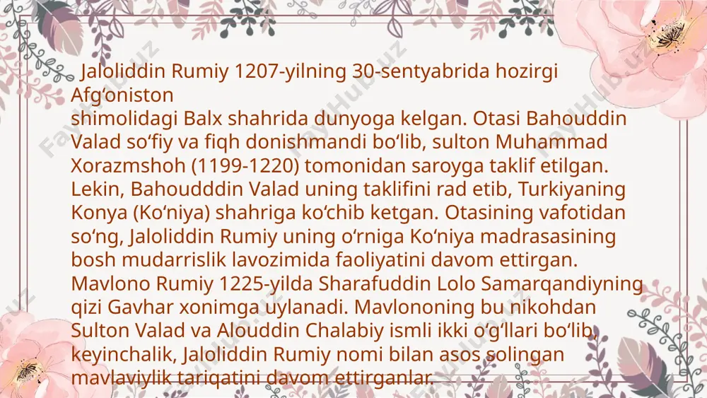 e’lon qiladi. jaloliddin rumiyning 1244-yil 12-noyabrdagi shamsi tabriziy bilan ilk suhbati manbalarda “ikki dengizning uchrashuvi” deb qayd etilgan. rumiyning o‘zi ham bir baytida: “agar attor menga ruh baxsh etgan bo‘lsa, shamsi tabriziy tilsim kalitini tutqazdi” deb ta’kidlagan. biroq, bu hamjihatlik uzoqqa cho‘zilmaydi. tabriziyning g‘oyib bo‘lishidan qattiq ta’sirlangan rumiy pirining ismi sharifini taxallus qilib, g‘azallar yoza boshlaydi. jumladan, qirq ikki ming baytdan iborat “devoni kabir” – “ulug‘ devon” (ikkinchi nomi “devoni shamsi tabriziy”) asarini piriga bag‘ishlab yozadi. ushbu asarning “devoni shamsi tabriziy” nomi bilan shuhrat qozonishining boisi, rumiyning “shamsi tabriziy”, taxallusini qo‘llashidadir. jaloliddin rumiyning ilmiy va adabiy merosi g‘oyat katta bo‘lib, o‘zidan keyingi avlodlarga beshta muhim va qimmatbaho asarlariniqoldirgan bular: “devoni kabir”, “devoni shamsi tabriziy”, “devoni shamsul haqoyiq” degan nomlar bilan mashhur bo‘lgan, g‘azal va ruboiylardan iborat asar; “masnaviyi ma’naviy” nomli yigirma besh ming baytdan tashkil topgan bebaho axloqiy-tarbiyaviy asar; “ichindagi ichindadir” (“fiyhi ma fiyhi”) – mavlononing suhbatlaridan iborat falsafiy-tarbiyaviy asar; …