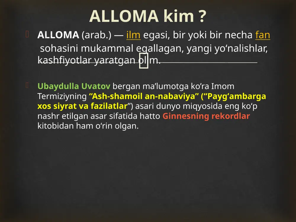 iy jihatdan deyarli bir ma’noni anglatgan. ibn an nadim “al-fixrist” asarida akademiyani “donolar uyi” deb ataydi. ibn said al-andalusi yoki al-kalaksandiy singari boshqa olimlar "donolik uyi" atamasi yoki “hikmatlar uyi” nomiga murojaat qilishgan. masalan, hoji xalifa "dar al-hikma" nomi bilan mashhur bo'lgan boshqa nomdan foydalanadi. biroq, hikmatlar uyining turli nomlaridagi eng qiziq narsa shundaki, ularning barchasi bir xil semantik ma'noga ega: bu yerda hamma bilim va donolikni topish mumkin. “bayt al-hikma” nomi tarixi   abu bakr ar roziy (865-925)- chechak va qizamiq kasalliklarini o’rgangan. "chechak va qizamiq haqida kitob" ("kitob aljudariy valhasba") nomli asar yaratib, tibbiyot tarixida birinchi marta chechakni taʼriflab berdi. 1796 yilga kelib yevropada ingliz vrachi e. jenner chechakka qarshi emlashni taklif etdi. ------------------------------------------------------------------------------------ ali ibn abbos (994-v) saraton kasalligiga doir “kitobi al maliki” asarini yozgan. 1628-yilda william harvey tomonidan olib borilgan otopsiyalar inson anatomiyasi va fiziologiyasi haqida dastlabki hulosalarni berdi islom sivilizatsiyasi olimlari va yevropalik olimlar …