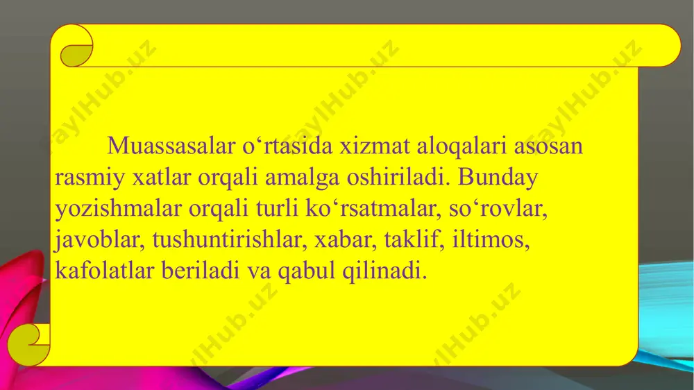 ada yoziladi.hujjatning ikkinchi nusxasi muassasaning o’zida qoldiriladi.bunday bildirishnoma rahbar tomonidan imzolanadi. bildirishnoma tayyorlayotgan shaxsning xulosa va takliflari aniq, ravshan va ishonarli bo‘lmog‘i kerak. shuning uchun ham bildirishnomalarda chiqarilgan xulosalarni tasdiqlovchi, voqea-hodisalarga, qonunchilik ko‘rsatmalariga, tegishli hujjatlarning raqam va sanasiga hamda bayon etilgan masalani bevosita muassasa misolida o‘rganish yoki sinab ko‘rish natijasida olingan boshqa dalillarga havolalar qilinishi zarur. bildirishnoma matni asosan ikki qismdan iborat. birinchi qismda uning yozilishiga sabab bo'lgan daliilar, voqealar bayon qilinishi, ikkinchi qismida esa xulosalar va aniq ish harakatlar haqidagi takliflar aks etmog‘i zarur. bildirishnomalarni tayyorlashda faqat biror voqea, holat to‘g‘risida xabar berish bilan cheklanish yetarli emas, ularning sabablari tahlil qilinishi, xulosa chiqarilishi, takliflar berilishi ham lozim. shuning uchun bildirishnomalarda xulosa va takliflar aniq va ishonarli yozilishi talab qilinadi. agar bayon qilinayotgan ma’lumotlar aniq sana yoki vaqtga tegishli bo‘lsa, bu sana yoki vaqt matn oldidan ko‘rsatilishi lozim. masalan: 2023-yil 25-dekabrdagi holatga ко ‘ra kabi. bildirishnoma shakli (kimga, kimdan) xabar …