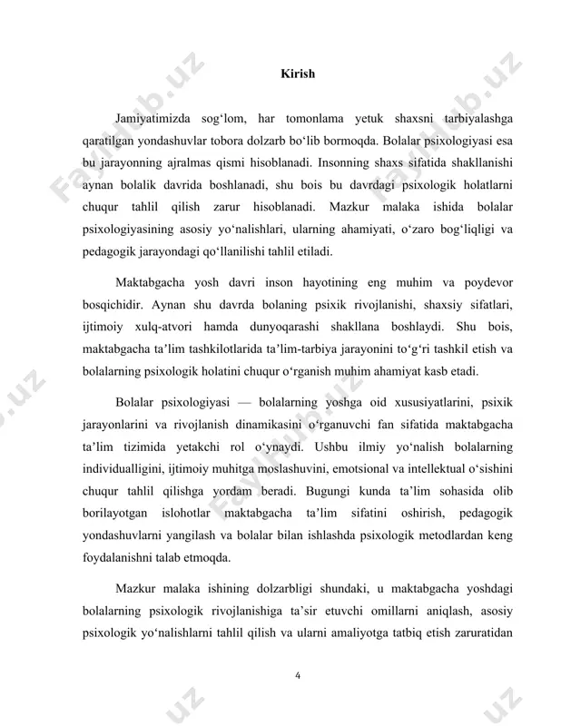 tashkilotlarida quyidagi psixologik yo‘nalishlar muhim ahamiyatga ega: kognitiv (bilish) rivojlanish: bolaning tafakkuri, xotirasi, idroki va diqqatini rivojlantirishga qaratilgan ishlar. ijtimoiy-psixologik rivojlanish: bolaning atrofdagilar bilan munosabat qurish, o‘zini tutish va jamoada yashash madaniyatini shakllantirish. emotsional rivojlanish: bolaning ichki kechinmalari, his-tuyg‘ularini ifoda etishi va boshqarish qobiliyatini rivojlantirish. shaxsiy rivojlanish: bola o‘ziga bo‘lgan ishonch, mustaqillik, irodaviy sifatlar va motivatsiya shakllanishi. ijodiy rivojlanish: o‘yin, rasm chizish, qo‘shiq aytish va boshqa ijodiy faoliyatlar orqali o‘zini ifoda etish. 3. maktabgacha taʼlim tashkilotlarida psixologik yondashuvlar va uslublar amaliyotda pedagog va psixologlar quyidagi yondashuvlardan foydalanadilar: oʻyin texnologiyalari: bolaning yoshiga mos o‘yinlar orqali bilim va psixik rivojlanishiga ta’sir ko‘rsatish. rassomlik va musiqiy faoliyat: bolaning emotsional holatini ifodalash va boshqarish vositasi sifatida. suhbat va rol o‘yinlari: kommunikativ ko‘nikmalarni rivojlantirish uchun. psixologik diagnostika: bola rivojlanishini baholash uchun test va kuzatuv metodlaridan foydalanish. shuningdek, ota-onalar bilan olib boriladigan ishlar, oilaviy muhitning bolaning psixologik holatiga ta’siri ham psixologik xizmatning muhim qismidir. tarbiyachi va …