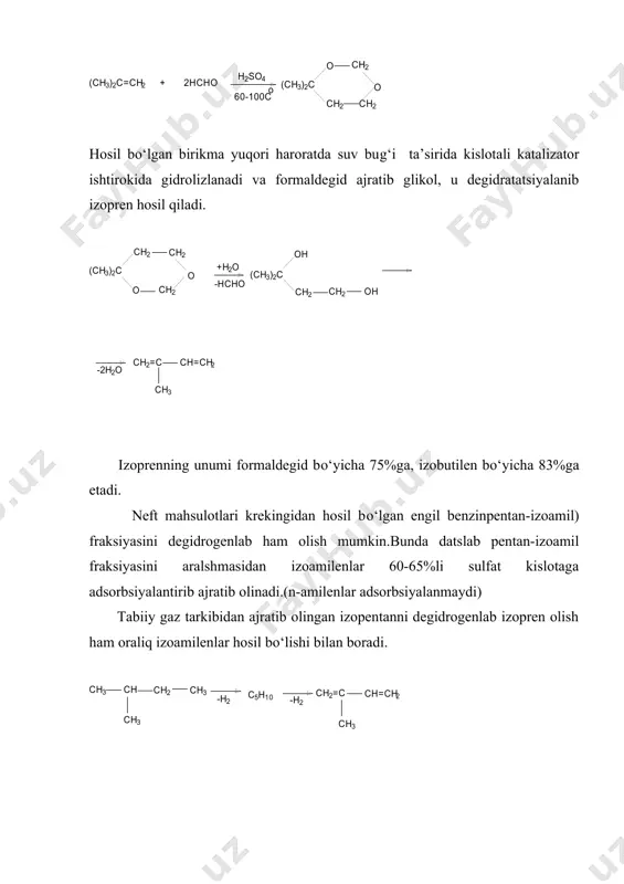 ishtirokida polimerlanadi. izopren birinchi marta 1860 yilda ingliz kimyogari villyams tomonidan tabiiy kauchukni haydab parchalash mahsuloti tarkibidan ajratib olingan.1879 yilda esa butard izoprenni polimerlab tabiiy kauchukka о‘xshash modda sintez qilgan.bu esa о‘sha davrda etilendan keyingi ma’lum bо‘lgan polimer hosil qiluvchi modda bо‘lib, olingan natijalar asosida yuqori molekulyar birikmalar kimyosi fani va platsik massa ishlab chiqarish sanoati kelib chiqdi. izoprenni ishlab chiqarish kо‘p bosqichli bо‘lganligi uchun tannarxi qimmatga tushadi.shuning uchun u kam miqdorda ishlab chiqariladi va aralash polimerlar olish uchun qо‘llaniladi. izopren olishning kо‘p usulllari mavjud.izobutilen va formaldegiddan prins reaksiyasi bо‘yicha ham izopren sintez qilish mumkin.jarayon ikki bosqichda amalgam oshiriladi.birinchi bosqichda izobutilen va formaldegiddan sulfat kislota ishtirokida m-dioksanning hosilasi-4,4-dimetil-1,3-dioksan olinadi: hosil bо‘lgan birikma yuqori haroratda suv bug‘i ta’sirida kislotali katalizator ishtirokida gidrolizlanadi va formaldegid ajratib glikol, u degidratatsiyalanib izopren hosil qiladi. izoprenning unumi formaldegid bо‘yicha 75%ga, izobutilen bо‘yicha 83%ga etadi. neft mahsulotlari krekingidan hosil bо‘lgan engil benzinpentan-izoamil) fraksiyasini degidrogenlab ham olish …