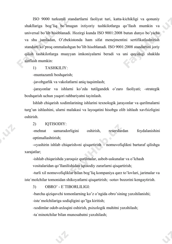 rxonalar ishlash samaradorligi, joriy qilmaganlarga qaraganda 2-3 marta yuqori deb xulosa qilishgan. xitoy mutaxassislari statistik guruhlash usuli asosidagi tadqiqot natijalari shuni ko’rsatganki, shubhasiz tizimni joriy qilgan korxonalar ushbu ishni boshlamagan bir turdagi korxonalar bilan solishtirilganda, eng yuqori samaradorlik faoliyatiga erishishgan. nazorat, tahlil va ishlab chiqarish jarayonlarini asosiy nuqtalarini davriy kuzatish va boshqarish jarayonlari, jumladan, xalqaro standart talablariga muvofiq sifat menejmenti tizimi korxona faoliyatini uzluksiz takomillashtirish va yaxshi boshqaruvchanligini hujjatlashtirish hisobiga ta`minlanadi. bunda iso 9001:2008 standart bo’yicha sifat menejmenti tizimi sertifikatini olishning yutug’i va boshqa maqsadlari – korxona qiymatini oshirishda (investitsiyalar kiritish, mablag’lashtirish, kelgusidagi sotish va boshqalar) asosiy vosita bo’lishi mumkin. amaliyot shuni ko’rsatadiki, xalqaro standartlar talablariga muvofiq tashkil qilingan sifat menejmenti tizimi korxona qiymatini, amalda 5-10% gacha oshirishi mumkin. ayni vaqtda shuni anglash kerakki, barcha ta`kidlangan imkoniyatlarga birdaniga erishilmaydi, etarli bir qancha vaqtda, balki bir necha yildan so’ng, qachonki, tashkilot o’zining ishlarini tashkillashtirishni haqiqatdan ham o’zlashtirgandagina erishiladi. lekin birinchi vaqtda …
