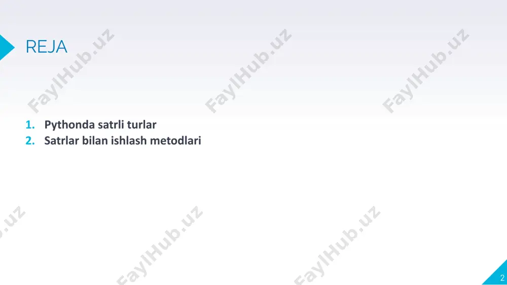 'lum bir ibora yoki belgi mavjudligini tekshirish uchun in kalit so'zidan foydalanishimiz mumkin. txt = “bugun havo bulutli!" print(“bulut" in txt) #true 10 pythonda satrli turlar satrda ma'lum bir ibora yoki belgi yo'qligini tekshirish uchun not in kalit so'zidan foydalanishimiz mumkin. txt = “bugun havo bulutli!" print(“quyosh" not in txt) #true 11 pythonda satrli turlar masalan: a = “foobar” ga teng bo’lsa uning elemntlari quyidagicha indekslarga ega bo’lishi mumkin. 12 pythonda satrli turlar slice sintaksisidan foydalanib, satrning ma’lum bir qismini olishimiz mumkin. satrning bir qismini qaytarish uchun ikki nuqta bilan ajratilgan boshlang'ich indeksini va tugatish indeksini beramiz. b = “salom, olam!” print(b[2:5]) #lom b = “salom, olam!” print(b[:5]) #salom b = “salom, olam!” print(b[2:]) #lom, olam! 13 pythonda satrli turlar b = “salom, olam!” print(b[-5:-2]) #ola 14 pythonda funksiyalar 15 rfind((str,[start],[end]) satrdan satr ostini axtarish. oxirgi kirish raqamini yoki 1 ni qaytaradi s.index(str,[start],[end]) satrdan satr ostini axtarish. birinchi kirish raqamini …
