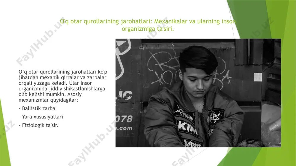 huquqiy tahlil uchun muhimdir. ular jinoyat ishlarida dalil sifatida foydalaniladi, sudga ta'sir qiladi. xulosa 1 o'q otar jarohatlari mexanizmi - o'q otar jarohatlarining mexanizmi, ballistik travma, va yaralar tahlili orqali inson organizmiga ta'siri haqida chuqur tushuncha hosil qilindi. 2 ballistik jarohatlar tahlili - jarohatlarning xususiyatlari va davolash usullarini o'rganish, sud tibbiyotida ballistik jarohatlar haqida to'g'ri baho berishga yordam beradi. 3 klinika va forensik ahamiyati - o'q otar jarohatlarini klinik va forensik tahlil qilish, zaruriy davolash va advokatlik jarayonlarida muhim rol o'ynaydi. image1.png image2.jpg image3.png image4.png image5.png image6.png image7.jpg image8.jpg /docprops/thumbnail.jpeg