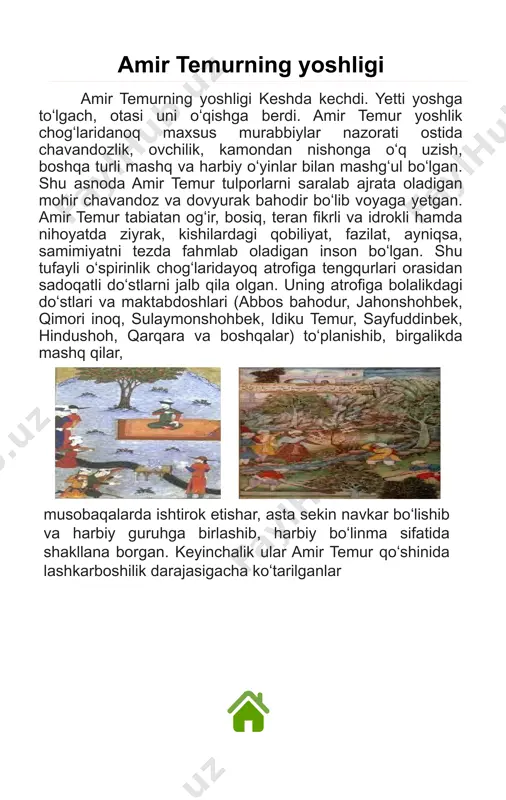tli fazilatlarini alohida ta’kidlash o‘rinlidir. aynan mana shunday masalalar sohibqiron tafakkurining mahsuli bo‘lgan “temur tuzuklari” asarida har tomonlama aniq, ishonarli va ta’sirchan tarzda yoritilgan, desak, haqiqatni aytgan bo‘lamiz. "saltanat ishlarining to‘qqiz ulushini mashvarat, tadbir va kengash, qolgan bir ulushini esa qilich bilan bajo keltirish zarur", degan ko‘rsatmalarida hozirgi notinch zamon uchun, xxi asr siyosatdonlari uchun ham har jihatdan ibratli fikrlar borligini ta’kidlash joiz. https://kitobxon.com/oz/kitob/temur-tuzuklari mamlakatning siyosiy va iqtisodiy mavqeyini mustahkamlab, koʻpdan davom etib kelayotgan ichki tarqoqlikka barham berish, tinchlik va osoyishtalikni qaror toptirish maqsadida amir temur (1370-yil iyunida) samarqandda katta qurultoy chaqirdi. unda markaziy davlat tizimini shakllantirish va qoʻshin tuzish masalalari muhokama etildi. el-yurtni boshqarishda harbiy kuchning ahamiyatini yaxshi tushungan amir temur qoʻshinning tuzilishiga katta ahamiyat berdi. u „amir“ va „amir ul-umaro“ kabi yuqori darajali harbiy unvonlar joriy qildi. qoʻshinni harbiy jihatdan isloh qilar ekan, u ayniqsa lashkarboshilarni tanlash va ularni tarbiyalash, harbiy qismlar va ularning joylashish tartibi, navkar va …