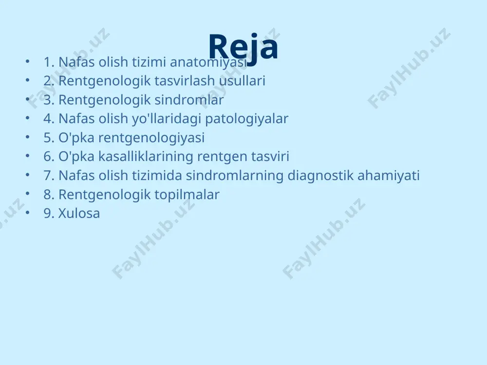 os belgilarga ega. masalan, pneumonia holatida o'pkaning yallig'lanishi va suyuqlik to'planishi kabi o'zgarishlar aniqlanishi mumkin. bronhitda esa bronxlarning kengayishi va o'zgarishini ko'rish mumkin. o'pka rentgenologiyasi o'pka rentgenologiyasi nafas olish tizimini tasvirlashda muhim rol o'ynaydi. o'pkaning normal va patologik holatda bo'lishini aniqlash uchun turli xil texnikalar qo'llaniladi. o'pka rasmidagi tuberkulyoz, saraton va boshqa kasalliklar rentgenologik o'zgarishlar bilan aniqlanadi. ushbu o'zgarishlarning to'g'ri tahlili bemorlar uchun to'g'ri davolash usullarini belgilashda muhim ahamiyatga ega. o'pka kasalliklarining rentgen tasviri rentgen tasviri o'pka kasalliklarining belgilari va progressiyasini aniqlashda ishlatiladi. o'pka fibrozida erkin gaz maydonlarining o'zgarishlari, shuningdek, suyuqlik to'planishni aniqlash mumkin. o'pka saratonida esa o'zgarishlar aniq va konturli ko'rinishda bo'lishi mumkin. ushbu kasalliklar rentgenologik tasvirdan to'g'ri foydalanilgan taqdirda, erta davolash imkoniyatlarini oshiradi. nafas olish tizimida sindromlarning diagnostik ahamiyati nafas olish tizimida rentgenologik sindromlar kasalliklarni aniqlash va davolashda muhim rol o'ynaydi. ular shifokorlar tomonidan kasalliklar, yallig'lanishlar va o'zgarishlar haqida aniq ma'lumot berishga yordam beradi. rentgenologik sindromlar yordamida kasallikning …