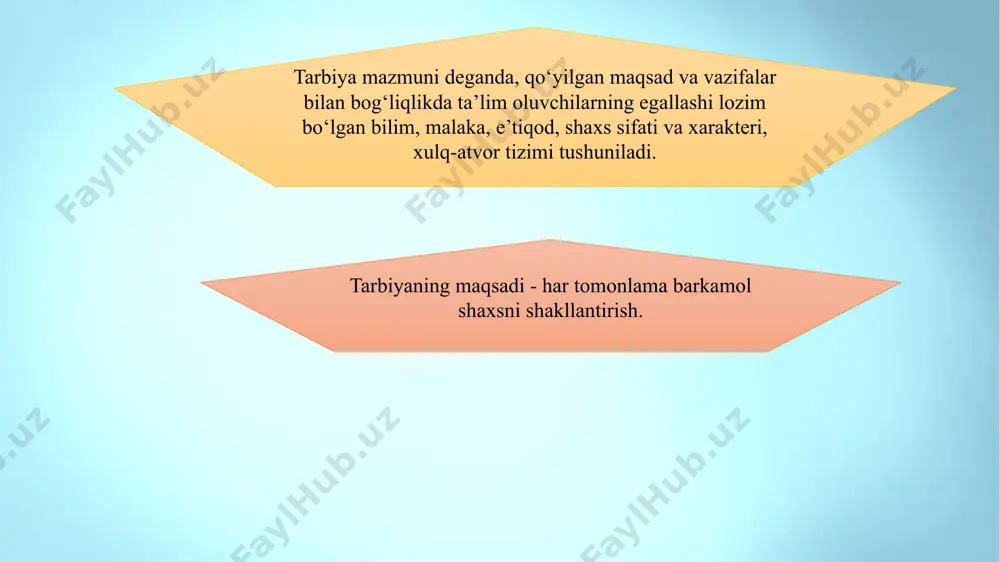 azifalari ijtimoiy tuzum mohiyati, taraqqiyot darajasi, ijtimoiy munosabatlar mazmuni, shuningdek, jamiyat fuqarolarining dunyoqarashi, intilishlari, orzu-niyatlari asosida belgilanadi. tarbiya jarayonining xususiyatlarini chuqur anglash va ularni inobatga olgan holda tarbiyani tashkil etish oldinga qo‘yilgan maqsadga erishish, shuningdek, bu boradagi vazifalarni ijobiy hal etish imkonini beradi. 4-ilova tarbiya metodi (yunoncha “metodos” – yо‘l) tarbiya maqsadiga erishishning yо‘li; tarbiyalanuvchilarning ongi, irodasi, tuyg‘ulari va xulqiga ta’sir etish usullari tarbiyaning mazmuni shaxsning shakllanishiga qо‘yiluvchi ijtimoiy talablar mohiyatidan iborat 5-ilova yosh xususiyatlari muayyan bir yosh davriga xos bо‘lgan anatomik, fiziologik (jismoniy) va psixologik xususiyatlardir 6-ilova 7-ilova xalq pedagogikasida qо‘llaniladigan tarbiya metodlari namuna nasihat qilish, о‘git qoralash va jazo tushuntirish maslahat berish uzr sо‘rash yaxshilik haqida so’zlash о‘rnak bо‘lish undash kо‘ndirish iltimos qilish yolvorish tilak-istak bildirish ma’qullash rahmat aytish duo qilish oq yо‘l tilash ta’kidlash ta’na gina tanbeh berish majbur qilish koyish ayblash uyaltirish qо‘rqitish nafratlanish ont-qasam ichirish urish kaltaklash о‘rgatish odatlantirish mashq qildirish 8-ilova tarbiyaning umumiy metodlari …