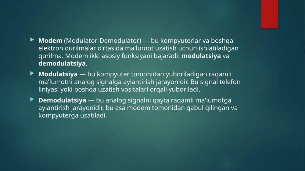 ning turli turlari va ularning texnologiyalari (analog, dsl, kabel, fiber-optik) yuqori tezlikda ma'lumot uzatish, internetga ulanish va tarmoqni boshqarish imkoniyatlarini taqdim etadi. image6.jpeg image7.jpeg image8.jpeg image9.jpeg image10.jpeg image2.png image3.png image4.png image5.png /docprops/thumbnail.jpeg