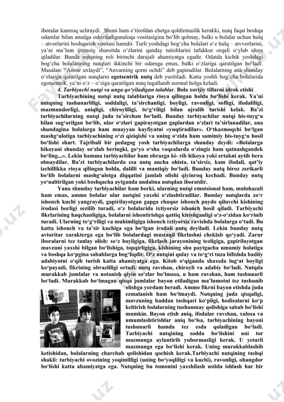 lan uning nomi ya’ni so‘z o‘rtasida yangi assotsiatsialar paydo bo‘ladi. birinchi va ikkinchi signallar sistemalarining o‘zaro bog‘lanishalri tobora mustahkamlanib boradi bog‘chaga tarbiya yoshida bola nutqining grammatik tomoni ancha o‘zgaradi. dastlabki paytlarda narsalarning nomini bildiradigan otlar ko‘proq ishlatiladi. bola ikki yoshga to‘lish olidan ish – xaraktatning nomini bildiruvchi fe’llarni ham to‘g‘ri ishlata boshlaydi. ikki yoshga to‘lib uch yoshga qadam qo‘yganida esa bola fazoviy munosabatlarni bildiradigan ba’zi bir ravishlarni, masalan: “orqada”, “yuqorida”, “pastda” degan so‘zlarni bilib ishlatadigan bo‘ladi. bola ikki yoshga to‘lganda tili ancha rosa chiqib uning nutqida bosh va ergash gapdan to’zilgan dastlabki qo‘shma gaplar ham paydo bo‘la boshlaydi. lekin bog‘chaga tarbiya yoshidagi bolalarning gaplaridagi so‘zlarning grammatik jihatidan bog‘lanishi ancha noaniq bo‘ladi. biroq, grammatik formalarni shu tariqa bilishga intilish bola nutqining o‘sishida sifat jihatidan yangi bosqich hisoblanadi. bog‘chagacha tarbiya yoshining oxirigacha borib tevarak atrofdagilarning nutqini tobora mukammalroq tushunadigan bo‘ladi. katta yoshli kishilarning aytib bergan hikoyalarini kichik she’rlarni, ashula va ertaklarni jon …