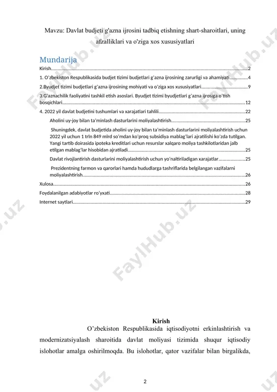 ish ishlarini g’aznashilik nazoratisiz ta’minlash qiyin ekanligini olimlar va iqtisodshilar, qolaversa, soha mutaxassislari asosli ravishda e’tirof etmoqdalar. shunki g’aznashilik nazorati byudjet daromadlari va xarajatlarini yagona g’azna hisobraqamiga jamlash, pul mablag’larini to’g’ri rejalashtirish, moliyaviy oqimlarning dastlabki va joriy nazoratini amalga oshirish hamda davlat byudjetini yuqori operativlikda ijro qilish imkonini beradi. ma’lumki, global jahon iqtisodiyotidagi jiddiy muammolar hamda ularning dunyodagi ko’plab mamlakatlar qatorida bizning mamlakatimiz iqtisodiyotiga ham ko’rsatayotgan salbiy ta’siriga qaramasdan, oxirgi yillarda respublikamizda yuqori va barqaror o’sish sur’atlarini saqlab, makroiqtisodiy barqarorlik va mutanosiblikning ta’minlanayotganligi o’ziga xos ijobiy ko’rsatkish bo’lmoqda . davlat moliyasini boshqarish tizimini isloh qilish, bu borada ma’muriy islohotlarni amalgaoshirish bugungi kunda dunyoning ko’pshilik mamlakatlari kun tartibida turgan masaladir. bunga asosiy sabab, bir tomondan, jahon taraqqiyotidagi misli ko’rilmagan ijtimoiy siljishlarning ta’siri bo’lsa, ikkinshi tomondan, sodir bo’layotgan globallashuv jarayonlarning jadallashuvi vaaxborot texnologiyalarining rivojlanishidir. o’zbekiston respublikasi prezidenti sh.m. mirziyoev 2017 — 2021 yillarda o’zbekiston respublikasini rivojlantirishning beshta ustuvor yo’nalishi bo’yisha harakatlar strategiyasida …
