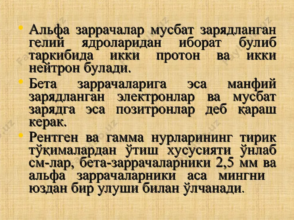 nishning dastlabki soatlarida oshgan leykotsitlar soni granulotsitlar sarf bo'lishi bilan kamayib ketaveradi. suyak ko'migi tekshirib ko'rilganda qon hujayralarining etilishi susayib, keyinchalik suyak iligida hujayralar qolmasligi-pantsitopeniya kuzatiladi. og'ir holatda mielokariotsitlar soni 3-3.5 109/l gacha kamayadi. suyak iligida gipoplastik anemiyaga xos retikulyar va plazmatik hujayralar, tiniq bo'lmagan donador neytrofillar va limfotsitlar paydo buladi. yurak-tomirlar majmuasi. nurlangan bemorlarning tomir urishi tezlashib, yurak hajmi kattalashadi, yurak zarblari bug'ik bo'lib, yurak ustida sistolik shovqin eshitiladi. qon bosimi pasayadi. ovkat xazm kilish a'zolari. o'tkir nurlanish kasalligi paytida ingichka ichak epiteliysi zararlanib ichak devori o'tkazuvchanligi oshadi. natijada hazm qilish va oziq moddalarni so'rilishi buzilib, organizm zaxarlanadi. bemorni ishtaxasi pasayib, ko'ngli ayniydi, qorni shishib, o'usadi, ichi ketadi. bemor nerv tizimi tekshirib ko'rilganda unda lokaydlik, karaxtlik, pay reflekslarning susayishi kuzatiladi. og'ir hollarda miya pustlog'ining ta'sirlanishi, asablarning organik zararlanish belgilarini ko'rish mumkin. nerv tizimi holati. sog'ayish davrida bemorning tana harorati pasayib, ishtahasi ochiladi, umumiy ahvoli yaxshilanib, teri ostiga qon quyilishlar …