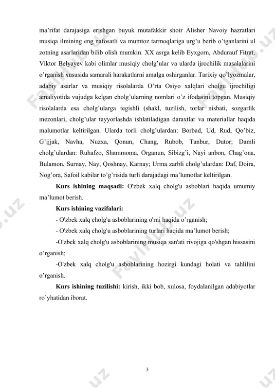 sboblarining o'rni haqida o’rganish; - o'zbek xalq cholg'u asboblarining turlari haqida ma’lumot berish; -o'zbek xalq cholg'u asboblarining musiqa san'ati rivojiga qo'shgan hissasini o’rganish; -o'zbek xalq cholg'u asboblarining hozirgi kundagi holati va tahlilini o’rganish. kurs ishining tuzilishi: kirish, ikki bob, xulosa, foydalanilgan adabiyotlar ro`yhatidan iborat. i bob. o'zbek xalq cholg'u asboblari haqida ma’lumot 1.1. o'zbek xalq cholg'u asboblarining o'rni xx-nchi asrning ikkinchi yarmisida o‘zbek kompozitorlarining diqqat e’tiborlari ommaviy janrlar: xor jamoasi uchun asarlar, kichik kamer orkestri va xalq cholg‘u asboblari orkestri uchun asarlar yaratishga qaratilgan edi. 1937-1938 yillardan boshlab o‘zbek davlat filarmoniyasi qoshida o‘zbek xalq cholg‘u asboblari orkestri tashkil etilgan. keyinchalik shu xildagi orkestr o‘zbekiston radiokomiteti qoshida ham tashkil bo‘ladi. yillar davomida xalq cholg‘u asboblari asta-sekinlik bilan takomillashtirishga (rekonstruirovaniyu) kirishib o‘zbek xalq cholg‘u asboblari orasida dutor-bas, rubob-prima, g‘ijjak-bas kabi yangi xildagi asboblar kiritiladi. bu o‘zgarishlar maxsus laboratoriyalarda o‘tkazilar edi. lekin o‘zbek xalqcholg‘u asboblari orkestri asosida milliy o‘zbek musiqa asboblari turar edi. …