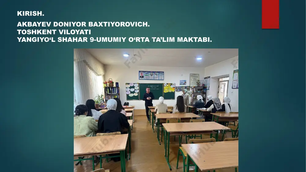 qildim. bu metodika o‘quvchilarning psixologik holatini, xavotirning ularga qanday ta'sir qilishini tushunishga yordam berdi. natijalar asosida kelajakda ularning xavotir darajasini kamaytirish va psixologik yordam ko‘rsatish uchun zarur chora-tadbirlar ishlab chiqildi. amaliyotning oltinchi kuni 10.03.2025 bugun o‘quvchilarda “tashkilotchilik va kommunikativlik qobiliyatini aniqlash” psixologik-pedagogik diagnostik testini o‘tkazdim. test davomida o‘quvchilarning guruhda faoliyat yuritish, boshqalarga yo‘l-yo‘riq ko‘rsatish va ularga ta'sir o‘tkazishdagi qobiliyatlarini aniqlashga harakat qildim. o‘quvchilarga turli vazifalar va guruh ishlari berilib, ularning tashkilotchilik va kommunikativlikdagi faoliyatlari kuzatildi. test natijalari asosida o‘quvchilarning bu qobiliyatlari va ularni rivojlantirish uchun zarur chora-tadbirlar ishlab chiqildi. bu diagnostika o‘quvchilarga o‘zaro aloqalarni yaxshilash va ijtimoiy ko‘nikmalarini rivojlantirish uchun foydali bo‘lishi kutilmoqda. amaliyotning yettinchi kuni 11.03.2025 bugun yashash hududimizdagi kasblar mavzusida trening mashg‘ulotini o‘tkazdim. mashg‘ulot davomida o‘quvchilarga turli kasblar va ularning hududimizdagi ahamiyati haqida ma'lumot berdim. o‘quvchilar kasblar turini, ularning vazifalarini va qaysi kasblarning talablarini o‘rganishdi. shuningdek, o‘quvchilar o‘z qiziqishlariga mos keladigan kasblarni aniqlashga va kelajakdagi kasbiy yo‘nalishlarini belgilashga …