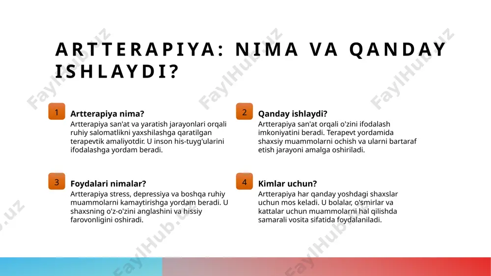 omatlikni yaxshilash yo'llari. 1 san'at va ruhiy salomatlik san'at, hissiyotlarni ifodalash va stressni kamaytirishda yordam beradi. o'zbekiston madaniyatida san'at asarlarini yaratish ruhiy salomatlikni yaxshilaydi. 2 emotsional ifoda artterapiya jarayonida yaratilgan san'at asarlari orqali shaxslar o'z hissiyotlarini ochib beradi, bu esa ruhiy yukni engillashtirishga yordam beradi. 3 jamoaviy faoliyat guruh artterapiyasi, o'zaro muloqot va tajriba almashish imkoniyatini beradi. bu, ijtimoiy qo'llab-quvvatlashni kuchaytiradi va ruhiy salomatlikni yaxshilaydi. 4 madaniy kontekst o'zbek madaniyatidagi san'at elementlari, artterapiya orqali shaxsiy va jamoaviy hissiyotlarni ifodalashda muhim rol o'ynaydi, bu esa ruhiy farovonlikni oshiradi. emotsional farovonlikni oshirishda san'atning roli. 1 san'at va farovonlik san'at, insonning ichki hissiyotlarini ifodalashga yordam beradi, bu esa emotsional farovonlikni oshirishda muhim ahamiyatga ega. 2 yaratilish jarayoni yaratilish jarayoni, stress va tashvishlarni kamaytirishga yordam beradi, bu esa ruhiy salomatlikni yaxshilashga xizmat qiladi. 3 madaniy kontekst san'atning madaniy konteksti, insonlarning hissiyotlarini anglash va ifodalashda muhim rol o'ynaydi, bu esa farovonlikni oshiradi. 4 psixologik ta'sir …
