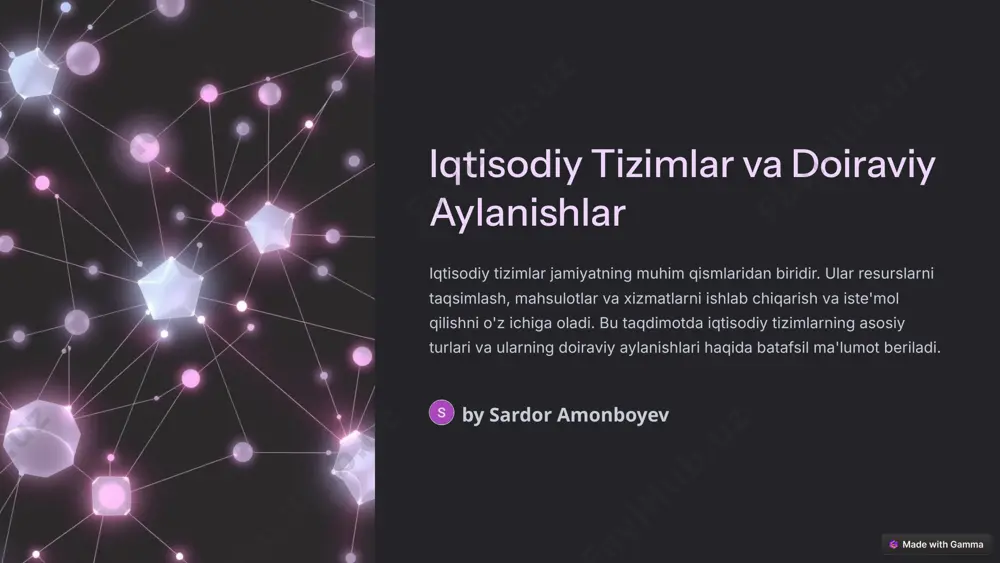 shlar iqtisodiy o'sishni qo'llab-quvvatlaydi, barqaror aylanishlar esa atrof-muhitga zarar bermasdan resurslarni tejashga imkon beradi. 4 ishlab chiqarish aylanishi 1 xom ashyo ishlab chiqarish jarayoni xom ashyo bilan boshlanadi. bu xom ashyolar tabiiy resurslar, mehnat yoki kapital bo'lishi mumkin. 2 ishlab chiqarish xom ashyo ishlab chiqarishga aylantiriladi, bu esa tovarlar va xizmatlarni yaratishni o'z ichiga oladi. bu jarayonda ishchi kuchi va kapital ishtirok etadi. 3 sotish ishlab chiqarilgan tovarlar va xizmatlar iste'molchilarga sotiladi. bu iste'molchilar shaxslar, korxonalar yoki davlat bo'lishi mumkin. 4 daromadlar sotishdan olinadigan daromadlar ishlab chiqaruvchilarga qaytariladi, ular bu daromadlarni xom ashyoni sotib olish, ishchi kuchi to'lash va boshqa xarajatlarni qoplash uchun ishlatadi. 5 iste'mol aylanishi xarid iste'molchilar tovarlar va xizmatlarni sotib oladilar. bu harakatlarni xarid qilish jarayoni deb ataladi. iste'molchilarning xarid qilish qarorlari ularning daromadi, ehtiyojlari va afzalliklariga bog'liq. to'lov xarid qilgan mahsulotlar uchun pul to'lanadi. bu pul ishlab chiqaruvchilarga qaytariladi va shu tariqa iqtisodiy aylanish davom etadi. …