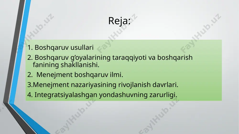 at tomonidan umumjamiyat manfaatlarini boshqarish uchun quyidagi usullar qo’llaniladi: 1. kredit va foiz stavkasi. 2. soliq va soliq yuki. 3. boj to’lovlari. 4. subsidiya va sanatsiyalar. 5. litsenziyalar. 6. transfer to’lovlari. 7. narx-navoni shakllanishi va boshqalar. davlat kredit tizimi orqali iqtisodiyotga faol ta’sir etadi. davlat qaysi tarmoqni ustun rivojlanishiga erishishini hohlasa shu tarmoq uchun kredit foizlarini pasaytiradi. kredit berish uchun ajratgan pulini 2ga bo’ladi. 1. qarz berish uchun. 2. zaxira kredit rezervi uchun. menejment inglizcha so’z bo’lib, boshqaruv ma’nosini ifodalaydi. keyichalik bu nom “ilmiy boshqaruv” deb yuritila boshladi. teylor amerikalik olim, u boshqaruv prinsiplarini ishlab chiqqan. aqshda xozirgi boshqaruvning vujudga kelishini teylor nomi bilan bog’lashadi. ilmiy fan sifatida… menejment xix asrning birinchi yarmida paydo bo’ldi. o’sha vaqtda oddiy ko’rinish kasb etib, asosan harbiy ishlarda qo’llanilgan. menejment nazariyasinig dastlabki kurtaklari… hukmronligi davridan shakllana boshlagan. yuliy sezar aleksandr makedonskiy amir temur qadimgi menejerlardan quyidagilar talab etilgan uddaburonlik aniqlik notiqlik zehnlilik kuzatuvchanlik har …