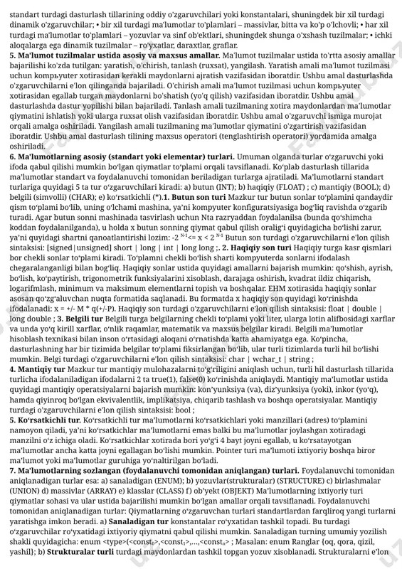 baholarni olish; kriptografik usullar uchun muhim bo'lgan ma'lum bir vaqt ichida biron bir muammoni hal qilishning iloji yo'qligi to'g'risida ishonchli baholarni olish; amaliy tahlil asosida axborotni qayta ishlash sohasidagi muammolarni hal qilishning samarali algoritmlarini ishlab chiqish va takomillashtirish. 3. ma'lumotlarni tasvirlash bosqichlari. kompyuterga ma'lumot olib, biz uni qandaydir shaklda taqdim etamiz, bu bizning fikrimizcha ma'lumotlarni tartibga soladi va ularga ma'no beradi. mashina kiruvchi ma'lumotlar uchun maydonni ajratadi va unga manzil beradi. shunday qilib, biz ma'lumotlarni mantiqiy darajada, go'yo mavhum tarzda qayta ishlaymiz va mashina buni jismoniy darajada bajaradi. аbstrakt bosqichda hal qilinishi lozim boʼlgan masalaning texnik qoʼyilishi, iloji boʼlsa masalaning matematik modeli quriladi. mantiqiy bosqichda qoʼyilgan masalani biror bir dasturlash tilida kodi (dasturi) ishlab chiqiladi. fizik (jismoniy) bosqichda esa informatsion obʼektni mantiqiy tavsiflanishiga mos ravishda kompyuter xotirasida akslantirilish tushiniladi. 4. ma'lumot tuzilmalarining klassifikasiyasi. ma’lumotlar tuzilmasini asosiy ko‘rinishlari (turlari): 1) to‘plam - munosabat to‘plami bo‘sh r=0 bo‘lgan elementlar majmuasi. 2) ketma-ketlik …