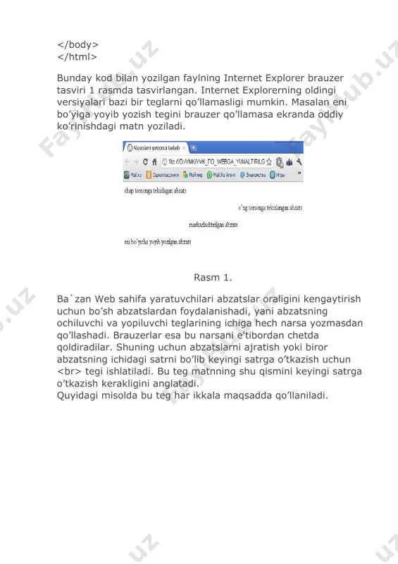 aqiqatni yomon ko`radigan odamlar uni dadil aytadiganlarni ham yomon ko`radilar. felenon “keyingi satrga bo’lingan abzats” mutolaa insonni bilimdon qiladi, suhbat zukko bo‘lishga, yozib olish odati esa aniq bo‘lishga yordam beradi. frensis bekon navbatdagi abzats “bir bo’sh satrdan keyin yozilgan abzats” qanday bo‘lsalar o‘shanday qolishga ahd qilganlargina nodon. aflotun font tegi endi matn shriftlarini bezash usullarini ya'ni font tegini ko’rib chiqamiz. biz tegini parametrlari bilan birga abzatsning ixtiyoriy joyida qo’llashimiz mumkin. bu tegdan keyingi matnlar parametrda ko’rsatilgan qiymatlar bo’yicha ekranda tasvir-lanadi. tegini yopiluvchi tegi shunday ko’rinishda bo’ladi. tegi o’zining qo’llanilayotgan shrift o’lchamini ko’rsatuvchi size, shrift simvollarining rangini belgilovchi color va matn qaysi shriftda tasvirlanishini belgilovchi face parametrlariga ega. size parametri qiymat sifatida 0 dan 7 gacha bo’lgan sonlarni qabul qiladi. bu sonlar matndagi simvollar o’lchamini bildiradi. html da ofis dasturlaridagidek simvol o’lchamlarini absolyut o’rnatish imkoniyati yo’q. chunki bizga web sahifani ko’rayotgan foydalanuvchi kompyuterida o’rnatilgan shriftlar va qanday o’lcham imkoniyatlariga ega ekanligi …