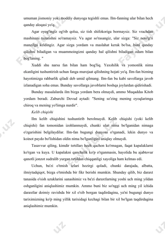 ydi. undan oldin nima bo'lgan? agar hech narsa bo'lmasa, barchasi qaerdan paydo bo'ldi? va agar u erda bir narsa edi koinot oldin, keyin nima bo'ladi? ilm-fan bu savollarga javob bera olmaydi, chunki u faqat hozir bo'layotgan voqealarni o'rganadi. ammo ilm o'tmishni hukm qilishi mumkin, agar ilgari ba'zi jarayonlar hozirgi kabi sodir bo'lgan bo'lsa. shubhasiz, bu holda kelib chiqishni tushuntirish haqida gap bo'lishi mumkin emas. ushbu muammoni hal qilish uchun ba'zi olimlar ijod hali ham davom etayotganini aytishadi. ular atomlar doimo kosmosdagi yo'qlikdan hosil bo'ladi degan fikrni ilgari surdilar. ammo bu yangi atomlar shunchalik kam va bir-biridan uzoqroq bo'lar ediki, biz ularni hech qachon aniqlay olmaymiz. bu koinotning hech qachon boshlanishi bo'lmaganligini anglatar edi va shuning uchun hech narsani tushuntirishga hojat bo'lmaydi. olimlarning o'zlari "uzluksiz ijod" nazariyasiga ishonishmaydi. koinotning boshlanishi bo'lgan deb ishonishning ko'plab ilmiy sabablari mavjud. yaratilish boshlanishidan oldin nima bo'lganini olimlar bizga ayta olmaydilar va qila olmaydilar. ilmiy qonunlar …