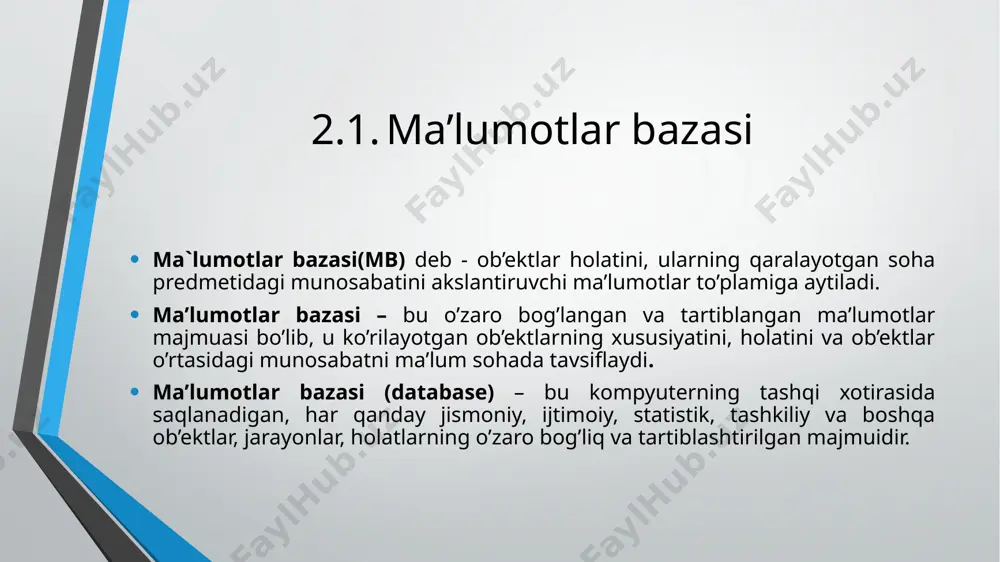 gan tarkibiy qismlarining o`zaro mutanosibligi tushuniladi. mb ning mustaqilligi. mb o`z ichki tuzilmasiga ega bo`lgan mustaqil obyekt bo`lib, u amaliy dasturlarga bog`liq emas. ma`lumotlarni ma`lumot tashuvchilarga yozish va ularga murojaat qilish uslublari amaliy dasturiy mahsulotlarga bog`liq emas. mbga har qanday amaliy dasturiy mahsulot orqali murojaat qilish mumkin va bu vaqtda mb mustaqil ravishda amaliy dasturlarga bog`liq bo`lmagan holda o`z uslublarini qo`llaydi. ma`lumotlar bazasiga qo`yiladigan asosiy talablar unumdorlik; ortiqchalik; butunlik; xavfsizlik; maxfiylik; eng kam sarf va himoya. unumdorlik foydalanuvchini mb bilan bog`lovchi, maxsus ishlab chiqilgan ilovalar foydalanuvchi bilan muloqotni qanoatlantiradigan vaqtni ta`minlab berishi zarur. bundan tashqari mb tizimiga kelib tushgan ma`lumotlarni qayta ishlashni ta`minlashi zarur ortiqchalik mbda har bir ma`lumot faqat bir joyda saqlanishi va u takrorlanmasligi lozim. agar ma`lumot faqat bir joyda saqlansa, ular qiymati o`zgartirilganda mb yaxlitligi ta`minlanadi. chunki, u boshqa joyda takrorlanmasligi sababli boshqa aynan shunday qiymatni o`zgartirishga ehtiyoj yo`q. mb ning unumdorligi ortiqcha ma`lumotlarning bo`lmasligiga bog`liq bo`ladi …