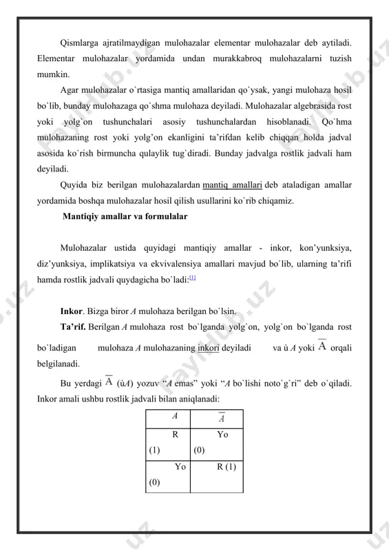 ha bo`ladi: a b ab r (1) r (1) r (1) r (1) yo (0) yo (0) yo (0) r (1) yo (0) yo (0) yo (0) yo (0) kon’yunksiya – bog‘layapman degan ma’noni anglatadi masalan, a: “toshkent – o`zbekistonning poytaxti”, b: “termez shahri farg`ona vodiysida joylashgan”, c: “biz mustaqil yurt farzandlarimiz” degan uchta mulohazani qaraylik. ta’rifga ko`ra, ravshanki, b mulohaza yolg`on (chunki a – rost, b – yolg`on), c – rost (chunki a – rost, c – rost), c – yolg`on (chunki b – yolg`on, c – rost). diz’yunksiya. tа’rif. a va b mulohazalarning kamida bittasi rost bo`lganda rost bo`ladigan hamda “yoki” bog`lovchisi bilan bog`lanuvchi mulohazalar a va b mulohazalarning diz’yunksiyasi deb ataladi, ko`rinishda belgilanadi. bu yerdagi yozuv “a yoki b” deb o`qiladi, “” belgi diz’yunksiya belgisi deyiladi. a va b lar diz’yunksiyaning mos ravishda birinchi va ikkinchi hadlari deb ataladi. diz’yunksiyaning rostlik jadvali quyidagicha bo`ladi: a b r(1) …