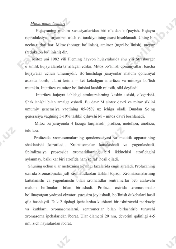 va kutblarni xromasomalarni, sentromerlar bilan birlashtirib turuvchi xromasoma ipchalaridan iborat. ular diametri 20 nm, devorini qalinligi 4-5 nm, zich naysalardan iborat. profaza uchun yadrochaning yuqolishi va yadro qobigini erib ketishi xarakterli. metafazada butunlay shakllangan xromasomalar ekvator zonada joylashgan bo’ladi. ekvatorial plastinka yoki «ona yo’lduz» metofazaning xarakterli belgisi hisoblanadi. bu fazada xromasomalar ekvatorial tekisolikdan so’ng sekin – asta harakat qila boshlaydi. xromasomalar duk iplariga nisbatan perpendikulyar yotadi. shuning uchun bu fazada ularning soni, shakli va kattaligini aniqlash mumkin bo’ladi. anafaza – xromasomalar xromatidlarining bir – biridan ajralishidan boshlanadi. bu vaqtda xar bir xromasoma kiz xromatid karama – karshi kutbga karab harakat qiladi. bu tarzda «kiz yo’lduz» shakllanadi. xromasomalarning harakatldanishi bir xilda sinxron kochadi. bu holatni oson ajratish mumkin. anafaza uchun xarakterli xususiyat «kiz yo’lduz» davridir. telofaza – mitozni oxirgi davri hisoblanadi. profazani teskarisi bo’lib hamma xromasomalar yopiishb, uzunlaashdi. duk yuqoladi. yadrolar kaytadan tiklanadi. yadroocha va yadro qobig’i hosil bo’ladi. mitotik apparat …