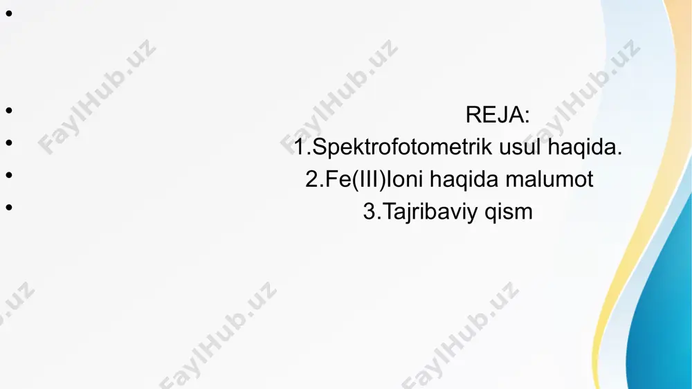 n yo‘qotiladi) fe(iii) ionining xossalari: kuchli oksidlovchi. eritmada u ko‘pincha jigarrang rangli bo‘ladi (gidroksidi — fe(oh)₃ cho‘kmasi — qizg‘ish-jigarrang). havo yoki kislorod ta’sirida fe(ii) ionidan fe(iii) ioniga oksidlanadi. ko‘plab kompleks birikmalar hosil qiladi (masalan, [fe(cn)₆]³⁻, [fe(scn)]²⁺). kislotali muhitda fe(iii) ni sulfosalisil kislotasi bilan kompleks ko‘rinishda fotometrik aniqlash metodning mohiyati: ushbu metod ph 1,8–2,5 bo‘lgan muhitda fe(iii) ning binafsha rangli monosulfosalisilat kompleksini hosil qilishiga asoslangan. reaksiya tenglamasi: ho₃s–c₆h₃(oh)cooh + fe³⁺ → [kompleks birikma] + 2h⁺ kompleks birikma to‘lqin uzunligi λ = 510 nm bo‘lgan nurni maksimal yutish qobiliyatiga ega. bu to‘lqin uzunligida molyar so‘ndirish koeffitsienti ε = 1,8·10³ ga teng. kerakli asboblar, idishlar va reagentlar: 1. fotokolorimetr fek-56m yoki kfk-2 2. 6 ta 50 ml hajmli o‘lchov kolbalari 3. 1 ta 10 ml hajmli mikropipetka 4. 1 ta 10–25 ml hajmli o‘lchov silindr 5. yuvgich 6. fe(iii) ning 0,1 mg/ml li standart eritmasi 7. 10% li sulfosalisil kislotasi eritmasi 8. 2n …