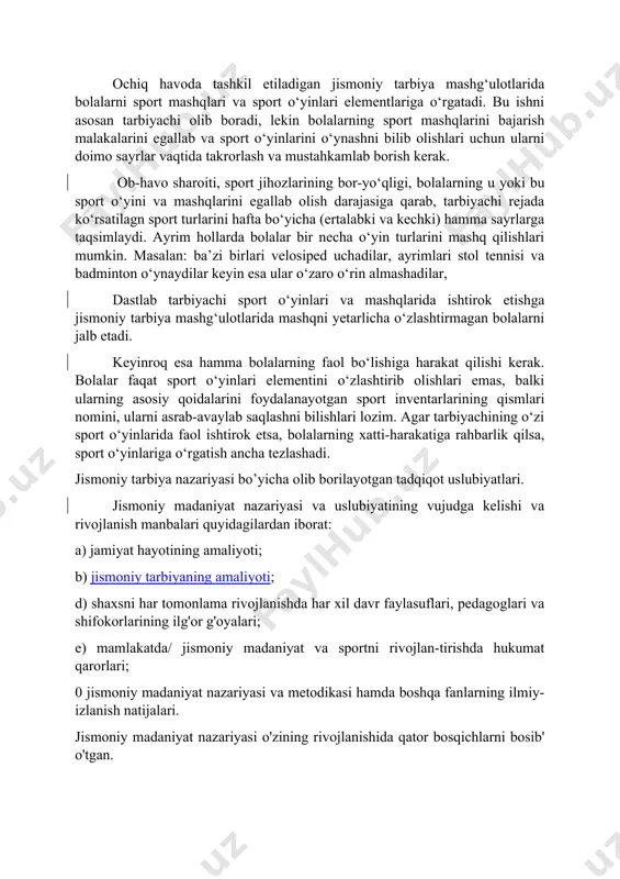 va kuchni rivojlantirish, chidamlilik va boshqalar yagona tizimga birlashtirilgan edi. o'rta asrlarda metodikaning soni va salmog'i ortib bordi, birinchi marta gimnastika, suzish, o'yinlar, kamondan otish, chavan-dozlik, qilichbozlik bo'yicha qo'llanmalar vujudga kela boshladi. uchinchi bosqich — jismoniy tarbiya haqida nazariy bilimlarning to'planishi uyg'onish (xiv— xvii) hamda ma'ri-fatparvarlik (xviii asr oxiri) davrini o'z ichiga oladi. inson haqidagi fanlarning rivojlanishi, lining tarbiyasi, mashqlarga o'rgatish va davolashlar faylasuflar, pedagoglar va shifokor-larning diqqatini jismoniy madaniyat muammolariga qaratishga olib keladi. uyg'onish davriga pedagog — gumanistlar va litopiyachi-orzuparastlar jismoniy madaniyatni, tarbiyaning bir'butunzaruriy qismi sifatida qaradilar. shveysariyalik pedagog-demokrat i.g.pestalossi (1746—1827) tomonidan bolalarning harakat qobiliyatlarini rivojlantirish uchun „bo'g'inlar gimnastikasi" qo'llanmasi bitildi. xviii asrga kelib esa, jismoniy madaniyat bo'yicha nazariy ishlar paydo bo'ldi. jamiyat hayotida jismoniy madaniyatning roli, jismoniy tarbiyaning o'rni belgilab berildi hamda shaxsni har tomonlama rivojlantirish tamoyillarini amalga oshirish yo'ilari ko'rsatib o'tildi. so'nggi bosqichda jismoniy madaniyat nazariyasiga asos solindi. xix asrdan boshlab mustaqil ilmiy fan asoslari yozila boshlandi. …