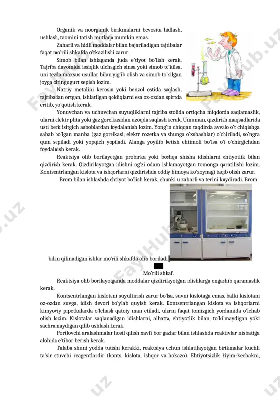ddalarda kuzatilgan o’zgarishlar; · asosiy reaktsiyalar mexanizmi; · xulosa. tajriba tugagach, foydalanilgan reaktivlarni o’z joyiga qo’yish, shisha idish va asboblarni tozalab yuvib, laborantga topshirish lozim. foydalanilgan jihozlar ba’zi sabablarga ko’ra tozalanmay qolsa, uni gruppa navbatchisi laborant bilan maxsus joyga yuvib qo’yishi kerak. laboratoriyada rioya qilinishi lozim bo’lgan xavfsizlik texnikasi qoidalari. kimyo fanidan kichik amaliyotlarda laboratoriya tajribalari kam miqdor moddalar bilan bajariladigan bo’lgani uchun ko’ngilsiz hodisalar yuz berishi ehtimoli keskin kamayadi. e’tiborsizlik bilan ishlash oqibatidagina kutilmagan hodisalar sodir bo’ladi. ularning kelib chiqish sabablari asosan me’yoridan ortiq qizdirish natijasida idishdan suyuqlik otilib chiqishi, shisha idish va tayoqchalarni toza yuvmaslik, ularning sinishi, natriy metalliga nam va suv tegishi, sistemada bosim o’zgarganda tutashtiruvchi naychalar orqali suyuqlikning bir idishdan ikkinchi idishga o’tib ketishi va hokazolardan iborat. ko’ngilsiz hodisalarni oldini olish uchun quyidagi xavfsizlik texnikasi qoidalariga qat’iy amal qilish kerak: ish bajarish tartibini puxta o’zlashtirmasdan va tajriba o’tkazish uchun asboblarning to’gri yig’ilganligiga ishonch hosil qilmasdan tajribani …