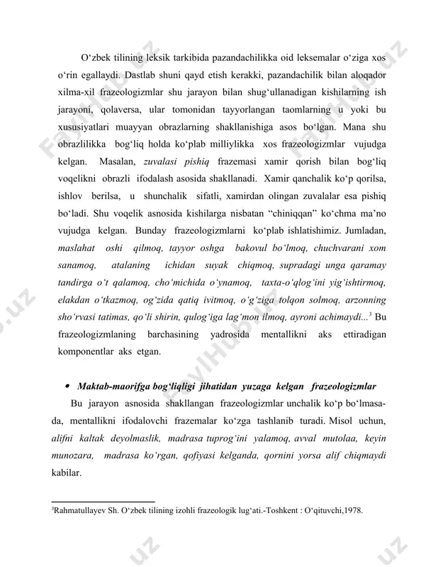 di...[footnoteref:3] bu frazeologizmlaning barchasining yadrosida mentallikni aks ettiradigan komponentlar aks etgan. [3: rahmatullayev sh. o‘zbek tilining izohli frazeologik lug‘ati.-toshkent : o‘qituvchi,1978.] · maktab-maorifga bog‘liqligi jihatidan yuzaga kelgan frazeologizmlar bu jarayon asnosida shakllangan frazeologizmlar unchalik ko‘p bo‘lmasa-da, mentallikni ifodalovchi frazemalar ko‘zga tashlanib turadi. misol uchun, alifni kaltak deyolmaslik, madrasa tuprog‘ini yalamoq, avval mutolaa, keyin munozara, madrasa ko‘rgan, qofiyasi kelganda, qornini yorsa alif chiqmaydi kabilar. bundan ko‘rinadiki, frazeologizmlar qaysi doirada yuzaga kelmasin keltirilgan barcha misollarning markazida turuvchi komponentlar mentallikni ifodalovchi etalon sifatida qaraladi. chunki xalq mavjud ekan, uning o‘ziga xos urf-odati, dunyoqarashi, turmush tarzi, voqelik jarayonlari bir-birlariga aynan o‘xshamaydilar. shu sababli frazeologizmlarni xalqlarning etnolingvistik xususiyatlarini ko‘rsatuvchi birlik sifatida qarashimiz hamda o‘rganishimiz hech qanday xatoliklarga olib kelmaydi. xulosa qilib shuni aytish joizki, frazeologizmlar insoniyat tili ila vujudga kelgan til birligidir. · musiqachilikka bog‘liqligi jihatidan yuzaga kelgan frazeologizmlar bizning ajdodlarimiz kuy-qo‘shiqni juda yaxshi ko‘rib ardoqlab kelganlar. shuning uchun ham o‘zlarining milliy cholg‘u asboblariga ega …