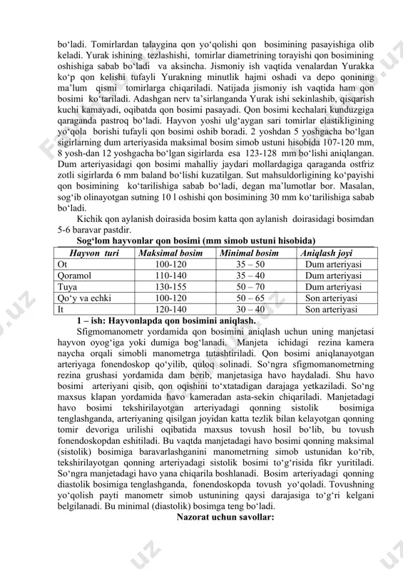 onsiz usul keng qo‘llaniladi. buning uchun sfigmomanometrdan foydalaniladi. arteriyalarda qon bosimi aniqlanayotganda simobli, venalarda bosim past bo‘lganligi uchun suvli manometrlardan foydalaniladi. kapillyarlardagi qon bosimi krog usuli bilan o‘lchanadi. buning uchun kapillyarlarni mikroskop ostida kuzatib turib (kapillyaroskopiya), maxsus kamerada kapillyarlarda oqayotgan qonni to‘xtashi uchun zarur bo‘lgan bosim hosil qilinadi. kapillyarlarda oqayotgan qonni to‘xtatish uchun hosil qilingan bosim ulardagi qon bosimiga teng bo‘ladi. qon bosimi ko‘rsatkichiga yurakning sistolik va minutlik hajmi, arteriola va kapillyarlarning qonga ko‘rsatadigan qarshiligi, qonning yopishqoqligi, nerv sistemasi va umuman organizmning holati, tomirlarda aylanayotgan qonning miqdori, tashqi muhit harorati, sutkaning davri, hayvonning turi, zoti, yoshi, mahsuldorligi kabi omillar ta’sir qiladi. qon depolaridan qonning tomirlarga ko‘p chiqarilishi oqibatida tomirlarda aylanayotgan qon miqdorining ko‘payishi qon bosimining oshishiga sabab bo‘ladi. tomirlardan talaygina qon yo‘qolishi qon bosimining pasayishiga olib keladi. yurak ishining tezlashishi, tomirlar diametrining torayishi qon bosimining oshishiga sabab bo‘ladi va aksincha. jismoniy ish vaqtida venalardan yurakka ko‘p qon kelishi tufayli yurakning …