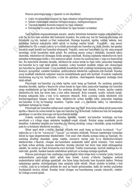 asi; aqliy zaif odamlarning psixologiyasi; murakkab nogironlar psixologiyasi. amaliyotga yo‘naltirilgan vazifalar: rivojlanishida nuqsoni bo‘lgan bolalar va ularning oilalariga psixologik yordam ko‘rsatish texnologiyalarini ishlab chiqish rivojlanish atipiyasi bo‘lgan odamlarning hayot sifatiga ijobiy ta’sir ko‘rsatadigan psixologik va ijtimoiy chora-tadbirlarni asoslash va ishlab chiqish rivojlanish atipiyasi bo‘lgan shaxslarga nisbatan jamoatchilik fikrini shakllantirish texnologiyalarini ishlab chiqish maxsus psixologlarni kasbiy tayyorlash aholi va turli darajadagi mutaxassislarning psixologik kompetentligini oshirish. tashkiliy vazifalar: zamonaviy jamiyatda rivojlanish atipiyasi bo‘lgan odamlarga yordam ko‘rsatish tizimini tashkil etish strategiyasi, yo‘nalishlari va yo‘llarini aniqlash parallel xizmatlarning o‘zaro hamkorligi strategiyasi va taktikasini ishlab chiqish. maxsus psixologiya, maxsus pedagogika singari, jismoniy va aqliy nuqsonlari bo‘lgan bolalarning rivojlanish xususiyatlarini, ularni tarbiyalash va o‘qitish qonuniyatlarini o‘rganadigan murakkab ilmiy fan bo‘lgan defektologiyaning bir qismidir. maxsus psixologiyaning rivojlanish tarixi. psixologiya fani va amaliyotining mustaqil sohasi sifatida maxsus psixologiyaning (yunoncha specialis - maxsus, o‘ziga xos) paydo bo‘lishini xx asrning 60-yillari bilan bog‘lash mumkin. keyin oliy o‘quv yurtlarining ilmiy mutaxassisliklari …