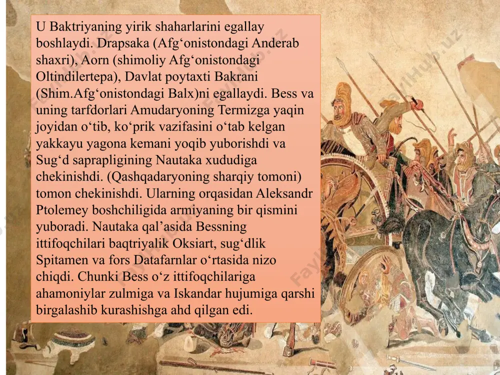 sdagi aleksandriya" deb nom qo‘ydi va unga yunon qo‘shinlarini, kasallarni, yaradorlarni, bolalar va keksalarni joylashtirdi. bu shaxarning qurilishi saklar uchun muammo bo‘lishini anglab, iskandar istehkomiga qarshi katta qo‘shin bilan yubordi. uni buzush uchun kursiy ruf ma’lumoticha, o‘z ukasi boshchilik qilgan. / hujumni birinchi bo‘lib iskandar boshladi. uning jangchilari o‘t ochar mashinalar bilan daryoni kechib o‘tadi. tadqiqotlar natijasida uning bekobod qishlog‘i yonidan, ya’ni sirdaryoning eng tor yeridan kechib o‘tilgan degan fikrlar bor. jang qattiq bo‘ldi. saklar iskandar siquviga bardosh bera olmadilar. 150 tasi asir olinadi. minglab saklar halok bo‘ladi. iskandar sahroning ichiga kirib boradi. lekin uning qo‘shinlari orasida me’da kasalligining tarqalishi, jazirama va suvsizlik ham askarlar noroziligiga sabab bo‘lgan. vaziyat iskandarni o‘z qo‘shinlari bilan aleksandriya esxata qal’asiga qaytishga majbur etdi. ko‘p o‘tmay, saklarning elchilari kelib, undan kechirim so‘raydi. iskandar esa ularni xayrixohlik bilan qabul qildi. uning maqsadi saklar bilan munosabatni yaxshilash edi. . spitamen rahbarligida makedoniyalik bosqinchilarga qarshi xalq harakati boshlanib …
