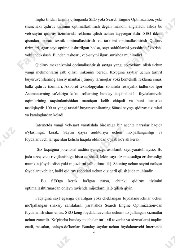 ri kerak, chunki qidiruv tizimlari doimo ish sifatini yaxshilaydi. aynan shuning uchun bugungi kunda universal optimallashtirish rejasi yo'q. shunday qilib, seo strategiyasini ishlab chiqishda bir nechta omillarni hisobga olish kerak: - mahsulotlar yoki xizmatlar (kompaniya taklif etadigan); - maqsadli auditoriya; - brend; - veb-sayt tuzilishi; - saytning hozirgi tarkibi; - sayt va uning tuzilishini o'zgartirish qulayligi; yangi tarkibni ishlab chiqish; qora seo: tushunchasi, usullari, qo'llanilishi "qora seo" (qora seo) - bu ommaviylashtirish, avtomatlashtirishning yuqori darajasi va qidiruv tizimlari tomonidan o'rnatilgan barcha mumkin bo'lgan qoidalarning buzilishiga asoslangan reklama usullari. bu holda qo'yilgan asosiy maqsad - bu top qidiruv natijalarida tezkor "qattiq" egallab olish yandex va google reklamaga o'tmaydigan mavzular mavjud, ya'ni ular shunchaki ko'rinmaydi. biroq, "qora" seo sizga top-reytingda qidirish so'rovlarini ko'paytirishga imkon beradi. reklama qilishning "qora" usullari hali ham seo dunyosida qo'llaniladi, shunga qaramay seo mutaxassislari ularni bexosdan ishlatadilar. bilmaslik javobgarlikdan ozod qilmaydi. "qora" seo usullari saytga katta zarar etkazishi …
