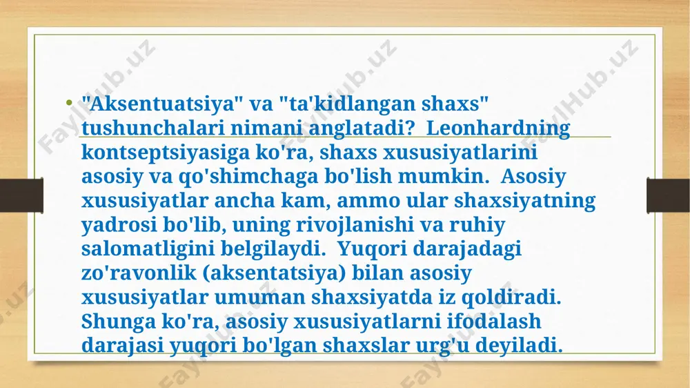 qilishning bu turi avvalgisiga qarama-qarshidir. uning asosiy xususiyati hayotning ma'yus, qayg'uli tomonlariga, pessimizmga e'tibor qaratishdir. bu turdagi odamlar har narsada jiddiylik, yuksak axloqiy tamoyillar bilan ajralib turadi. ular past aloqa, suhbatda sustlik bilan ajralib turadi. vazifalarga juda vijdonan, katta mas'uliyat bilan yondashadi. ish ehtiyotkorlik bilan va ehtiyotkorlik bilan amalga oshiriladi. ular tezlik, energiya, doimiy muloqot va mas'uliyatli qarorlar qabul qilish talab qilinmaydigan yuqori natijalarga erishadilar. ularda adolat tuyg'usi yuqori darajada rivojlangan. distimik urg'u turining vakillari, qoida tariqasida, befarq, ma'yus, chidab bo'lmas. ularda o'zini past baholaydi, biroz sekin fikrlaydi. ijtimoiy passivlik va maqsadlilikning yo'qligi, qabul qilingan qarorlarning to'g'riligiga noaniqlik bilan tavsiflanadi. ular muvaffaqiyatsizliklarida o'zlarini ayblashga moyil. ulug’vor tur. asosiy xususiyat - voqealarga bo'ronli, yuksak munosabat. ushbu turdagi odamlar quvonchli voqealardan osongina xursand bo'lishadi va qayg'uli voqealardan umidsizlikka tushishadi, lekin ayni paytda ular depressiv reaktsiyalarga moyil emaslar, chunki ular yana quvonchga osonlikcha berilib ketishadi. ichki ta'sirchanlik va tajriba ularning yorqin tashqi ko'rinishi …