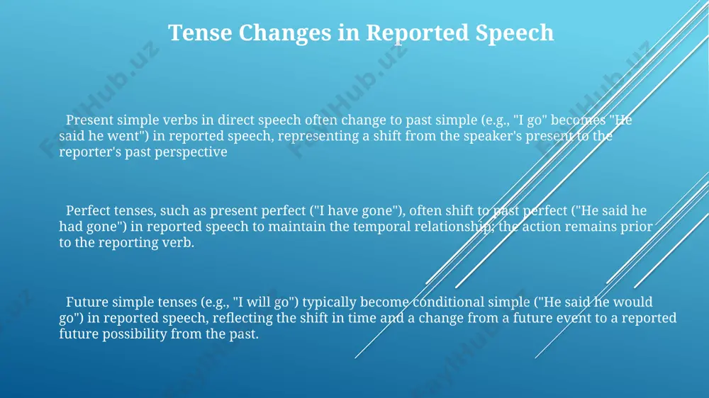 ay." when reporting statements, tense changes are crucial; present simple becomes past simple (e.g., "he says" changes to "he said"), and present perfect often shifts to past perfect. reporting questions reporting yes/no questions involves changing the word order to a statement structure and using reporting verbs like "asked if" or "enquired whether," followed by the reported clause. the tense shift typically applies, following standard reported speech rules. when reporting questions, the original punctuation (question mark) is replaced by a full stop (period). remember that embedding a question within a statement requires grammatical adjustments such as using a conjunction like "that" or "if". indirect questions, formed from wh-questions, maintain the original wh-word but change to a statement structure. for example, "where is it?" becomes "he asked where it was." note the alteration of verb tense and pronoun. thank you for your attention @taqdimot_robot