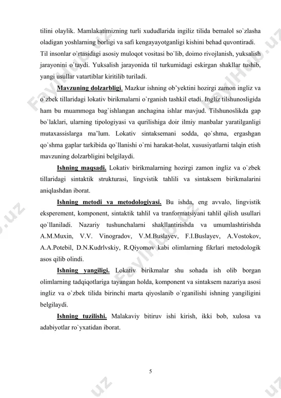 oslashuvli, ikkinchi darajali bo`laklar (predikatlashmagan, substantivlashmagan sifatlar); 3) bitishuvli ikkinchi darajali bo`laklar (ravish, ravishdosh, infinitiv) bo`ladi ; - deydi. m.z.zakiyev esa, gap bo`lagi haqidagi `oz klassifikatsiyasi va prinsiplarni uzil-kesil prinsiplar emasligini, gap bo`laklari maxsus monografik planda o`rganilishi kerakligini uqtirib o`tgan. m.z.zakiyev kabi r.a.sayfullayev ham o`zbek tilshunosligida undalma va kirish so`zlarini gap bo`lagi hisoblab, ularni uchinchi darajali bo`lak deb nomlaydi. a.r.sayfullayev yana bir o`rinda gap bo`laklarini sodda, sostavli, murakkab turlarga ajratadi va sodda bo`lakni bir so`z bilan, sostavli bo`lakni so`z birikmasi bilan, murakkab bo`lakni birdan ortiq so`zdan tashkil topgan bir tushuncha anglatadigan birliklar bilan ifodalanishini ko`rsatadi. e.b.egorova gap bo`laklarini ajratishda mavjud traditsion metod va usullar imkon bermasligini haqli ravishda uqtiradi va ikkinchi darajali bo`laklarni klassifikatsiya qilishda quyidagi uch prinsipni taklif qiladi. 1) tobe so`zning hokim so`zga leksik-grammatik qarshiligi; 2) hokim komponent funksiyasida keladigan so`zning kategorial – semantik ma’nosi; 3) funksional – sintagma kriteriy. mana shu prinsiplardan kelib chiqib holning predlojniy padej …