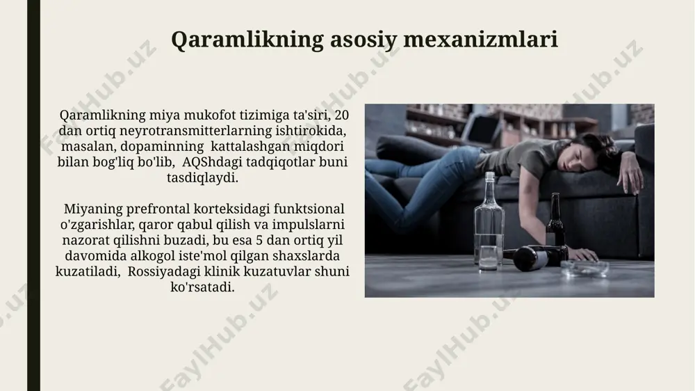 hda psixoterapiya (kognitiv-xulq terapiyasi, 12 qadamli dasturlar), dori-darmonlar (disulfiram, naltrekson) va ijtimoiy reabilitatsiya kabi usullar qo'llaniladi, samaradorlik 70% gacha yetishi mumkin. alkogolizmni tashxislashda 10 dan ortiq belgini o'z ichiga olgan dsm-5 mezonlari qo'llaniladi, shuningdek, qon va siydik tahlillari, masalan, moskva shahridagi ixtisoslashgan klinikalarda o'tkaziladi. davolashning turli usullari: dorivor vositalar davolashda 20-30% hollarda benzodiazepinlar kabi xavotirni kamaytiruvchi dorilar qo‘llaniladi, bu esa aqsh va yevropa mamlakatlarida keng tarqalgan usul hisoblanadi. disulfiram (antabuse) kabi dorilar organizmda spirtni parchalash jarayonini sekinlashtirib, noxush reaktsiyalarni keltirib chiqaradi, bu esa 70% gacha samaradorlik ko‘rsatadi. alkogolizmning genetik va ijtimoiy omillari rossiyada oʻtkazilgan tadqiqotlar shuni koʻrsatdiki, kam ta’minlangan oilalarda va ijtimoiy jihatdan zaif hududlarda, masalan, sibir qishloqlarida alkogolizm darajasi yuqori. jahon sogʻliqni saqlash tashkiloti ma’lumotlariga koʻra, 15-24 yosh oraligʻidagi yoshlar orasida alkogolizm bilan bogʻliq muammolar soni dunyo boʻyicha 10% dan oshadi. oilaviy va ijtimoiy qo'llab-quvvatlashning ahamiyati qo'llab-quvvatlash guruhlari, masalan, anonym alkoholiklar (aa) guruhlari, andijon viloyatida 200 dan ortiq a'zoga …