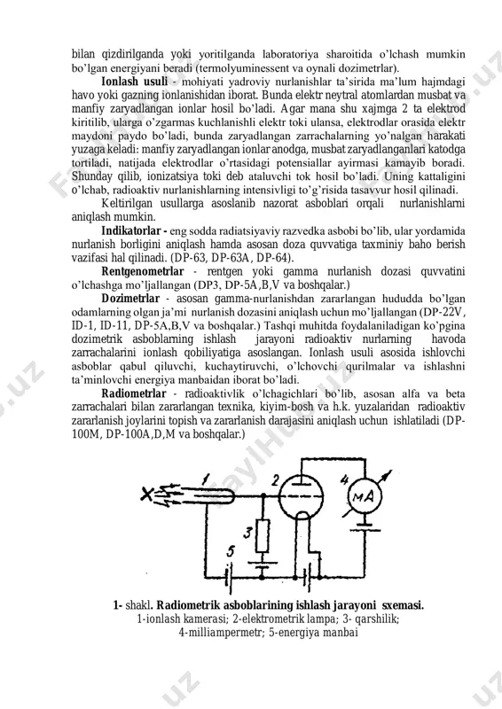 moya inshootlari hisoblanadi. ular gamma nurlarini turli darajada susaytiradi. eng ishonchli himoya inshooti - bu qo’rg’oshindan, temirdan, temir-betondan qurilgan boshponalardir. yuqorida keltirilgan fikrlarga asoslanib, ma’lum bo’ldiki, zamonaviy qirg’in vositalaridan foydalanilganda ajraladigan nurlanishlarni barcha turlari inson organizmiga jiddiy ta’sir ko’rsatib hattoki insonni o’limiga olib keladi. zamonaviy qirg’in vositalaridan muhofazani tashkil qilishda raqib tomonidan u yoki bu qurolni qo’llash ehtimolini aniq bilish zarur. har bir shikastlovchi omildan esa maqsadga muvofiq keladigan usullarni, vositalar va muhofazalanish bo’yicha harakatlarni qidirib topish kerak. jumladan qurollardan foydalanish oqibatida ajralayotgan nurlarni aniqlash zarur, chunki radioaktiv nurlanishlar hidga ham, rangga ham ega emas. shuning uchun ularni faqat maxsus asboblar yordamida quyidagi usullar orqali aniqlash mumkin, ya’ni radioaktiv nurlanishlarni aniqlashning bir necha usullari mavjud. fotografik usul - fotoemulsiyaning qorayishi darajasining o’zgarishiga asoslangan. agar fotoplyonka yorug’lik o’tmaydigan kameraga joylashtirilib, gamma-nurlar ta’siriga uchratilsa, fotoplyonka qorayadi. qorayish zichligi nurlanish dozasiga bog’liq. qorayish zichligini etalon bilan solishtirib plyonka olgan nurlanish dozasini aniqlash mumkin. …