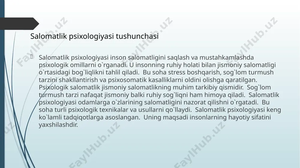 a psixologik yordamning roli salomatlik psixologiyasi inson salomatligini saqlash va mustahkamlashda muhim rol o`ynaydi. stressni boshqarish va sog`lom turmush tarzini shakllantirish muhimdir. psixologik yordam har kimga kerak bo`lishi mumkin. psixosomatik kasalliklarning oldini olish mumkin. o`z-o`zini hurmat qilish va o`ziga ishonch salomatlik uchun muhimdir. sog`lom turmush tarzini saqlash orqali uzoq va baxtli hayot kechirish mumkin. psixologik bilimlarni o`rganish va qo`llash muhimdir. salomatlikni saqlash nafaqat jismoniy balki ruhiy jihatdan ham muhimdir. hayot sifatini yaxshilash uchun salomatlikka e'tibor qaratish kerak. xulosa 1. psixologiya asoslari, murodov a, 2020, o`zbekiston milliy universiteti nashriyoti 2. salomatlik psixologiyasi, xolmatov b, 2022, toshkent tibbiyot akademiyasi nashriyoti 3. stress boshqaruvi, to`raev j, 2021, fan va texnologiyalar nashriyoti 4. psixosomatik kasalliklar, axmedova d, 2019, tibbiyot nashriyoti adabiyotlar /docprops/thumbnail.jpeg