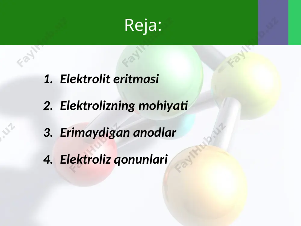 ’ladi. nacl syuqlanmasida faqatgina na+ ionlar musbat zaryadlanganligi sababli elektroliz natijasida huddi shu ionlar zaryadsizlanadi hozirgi vaqtda sanoatda ko‘pgina metallar (al, mg, ca, na va boshqalar) suyuqlantirilgan birikmalarni elektroliz qilish yo‘li bilan olinadi. vodorod, kislorod, ftor, xlor, ishqorlar ham elektroliz orqali olinadi. kislarodli kislatalar va ularning tuzlari eritmalari elektroliz qilinganda anodda oh- ionlari oksidlanadi . olingan metallarni tozalashda, bir metallga ikkinchi metallni qoplashda (nikellash, xromlash, oltin qoplash) ham elektrolizdan keng foydalaniladi. elektroliz qonunlarini ingliz olimi m.faradey kashf etgan. faradeyning 1-qonuni: elektrodda ajralib chiqadigan moddaning miqdori faqat birgina omilga – eritmadan o‘tayotgan elektr miqdoriga proporsionaldir faradeyning 2-qonuni: turli moddalarning eritmasidan bir xil miqdorda elektr toki o‘tganda, elektrodlarda ekvivalent og‘irliklariga proporsional miqdorda moddalar ajralib chiqadi. elektroliz qonunlari. m.faradey elektroliz jarayonida elektrodlarda ajralib chiqqan moddalarning massasini aniqlash uchun faradey qonunlaridan foydalanamiz. bunda:m-elektrolizda ajralgan modda massasi, e-elektrodlarda ajralib modda ekvivalenti i-tok kuchi t-tokning o’tish vaqti f-faradey soni sek-f=96500, min-f=1608.33, s/t-f=26,8 sanoatda elektroliz jarayoni olib …