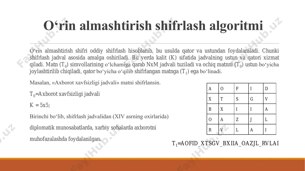 iq matnga akslantiramiz. qabul qiluvchi alfavit tarbini va k=5 kalitni ham bilishi kerak. kalit bilan qo‘shilgan tartib raqami 30dan katta bo‘lsa natijadan 30 ayriladi. shifr matn v t a t v t ‘ f c y t b . y f o t s t/r 22 20 31 20 22 20 27 6 33 25 20 32 29 25 6 15 20 19 t/r-k 17 15 26 15 17 15 22 1 28 20 15 27 24 20 1 10 15 14 ochiq matn q o z o q o v a _ t o ‘ x t a j o n topshiriq: quyidagi berilgan deshifrlangan ma’lumotni oching. k=5 f.gtwtyc.f‘kxnaqnln vijener usulida axborotni shifrlash vijener usulida axborotni shifrlash vijener usulida axborotni shifrlash