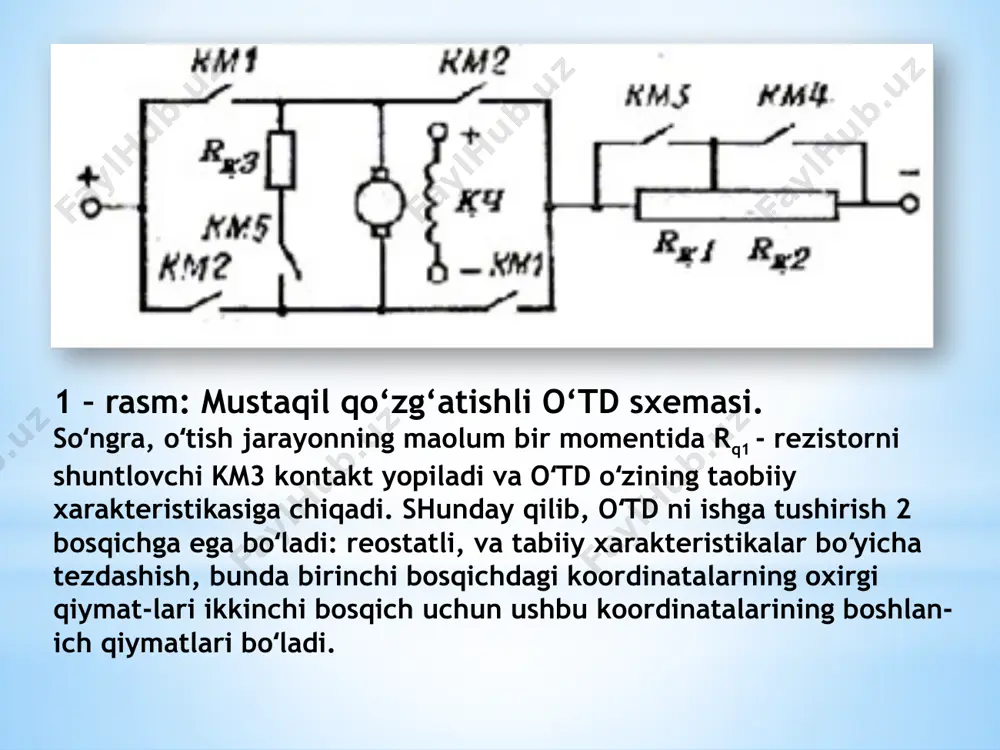 arayonlari (mexanika-viylardan farqli ravishda) ikkinchi darajali differen-sial tenglama bilan ifodalanadi. bu, yuritmada ikki turdagi energiya yiuvchining borligini aks ettiradi: elektromagnitaviy – oʻtd ning yakor zanjiri va mexanikaviy – elektr yuritmaning mexanik qismi. oʻtish jarayonning koʻrinishi ikki vaqt doimiysi tya va tm ning nisbatiga boliq boʻladi. vaqt doimiylari quyidagi xarakteristik tenglama ildizlarini aniqlaydi:mexanik va elektro-magnit vaqt doimiylari-ning maolum bir nisbat-larida, misol uchun tm < 4tya, boʻlganda, elektr yuritmada-gi oʻtish jarayonlari tebra-nishli xarakterga ega. misol tariqasida, 6–rasmda ushbu qoidalarni aks ettiruvchi, oʻtd ni yuklama ostida ishga tushirishdagi moment va tezlikni oʻzgari-shining egri chiziqlari koʻrsatilgan. jarayon tebra-nishli xarakteriga ega ekanligi sababli, ishga tushirish vaqti ortib ketadi va tezlikning oʻta rostlashi xosil boʻladi. induktivlik xisobiga esa, ishga tushirishda maolum bir kechikish (tk) sodir boʻladi, u oʻtd momentini yuklama momenti ms gacha ortish vaqti bilan aniqlanadi. 6-rasm. mustaqil qo‘zg‘atishli o‘tdni yakor zanjirida induktvlik bilan bilan ishga tushirilgandagi m va ω tezlikni o‘zgarishi. egri chiziqli tavsifli …